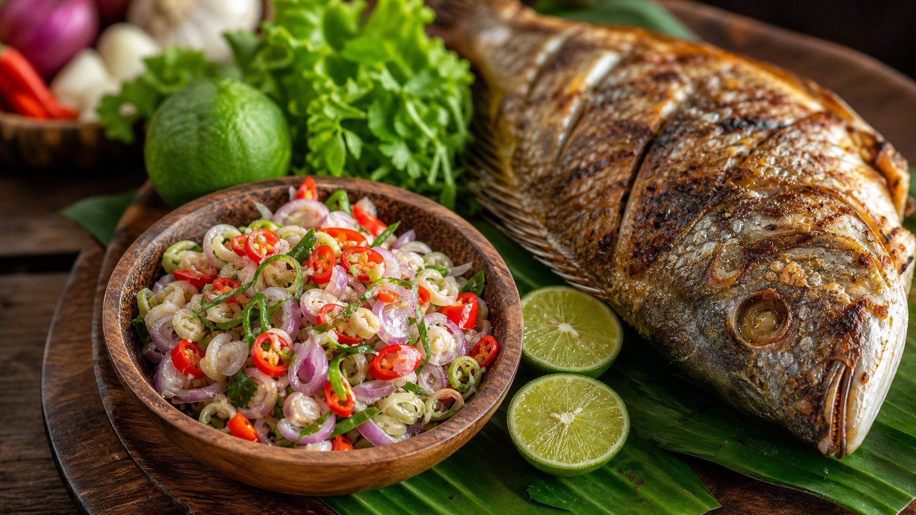 Sepiring sambal matah Bali segar dengan ikan bakar di atas meja kayu.