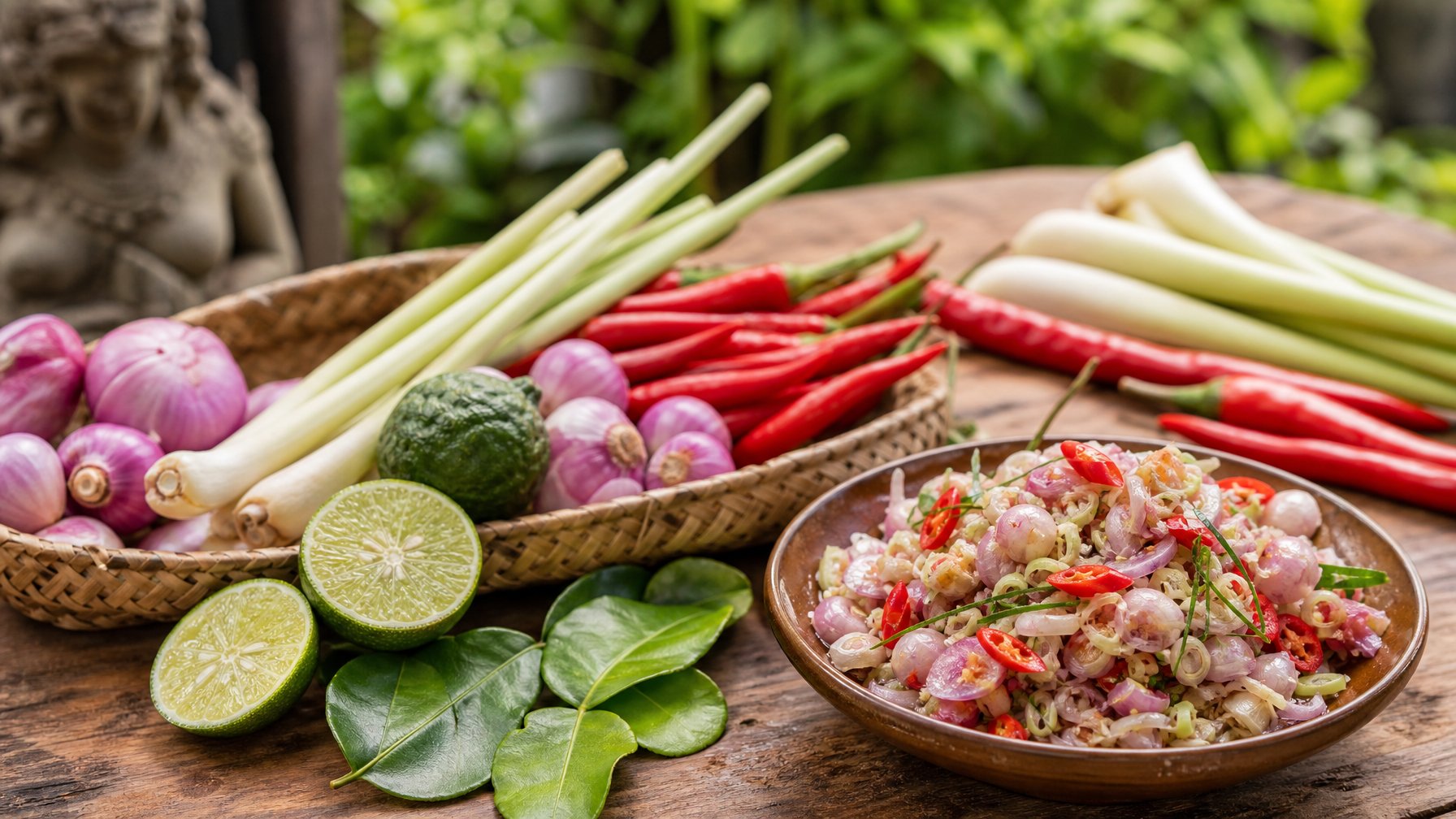 Bahan-bahan segar untuk sambal matah Bali tersusun di atas meja kayu dengan mangkuk sambal siap disajikan sebagai pendamping ikan bakar.