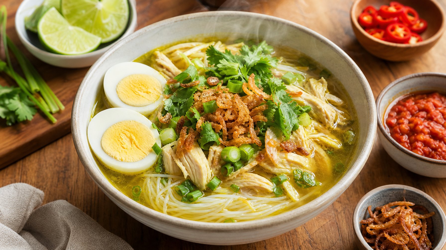 Seporsi soto ayam dengan kuah kuning tanpa santan di dalam mangkuk, disajikan dengan telur rebus, daun bawang, dan taburan bawang goreng.