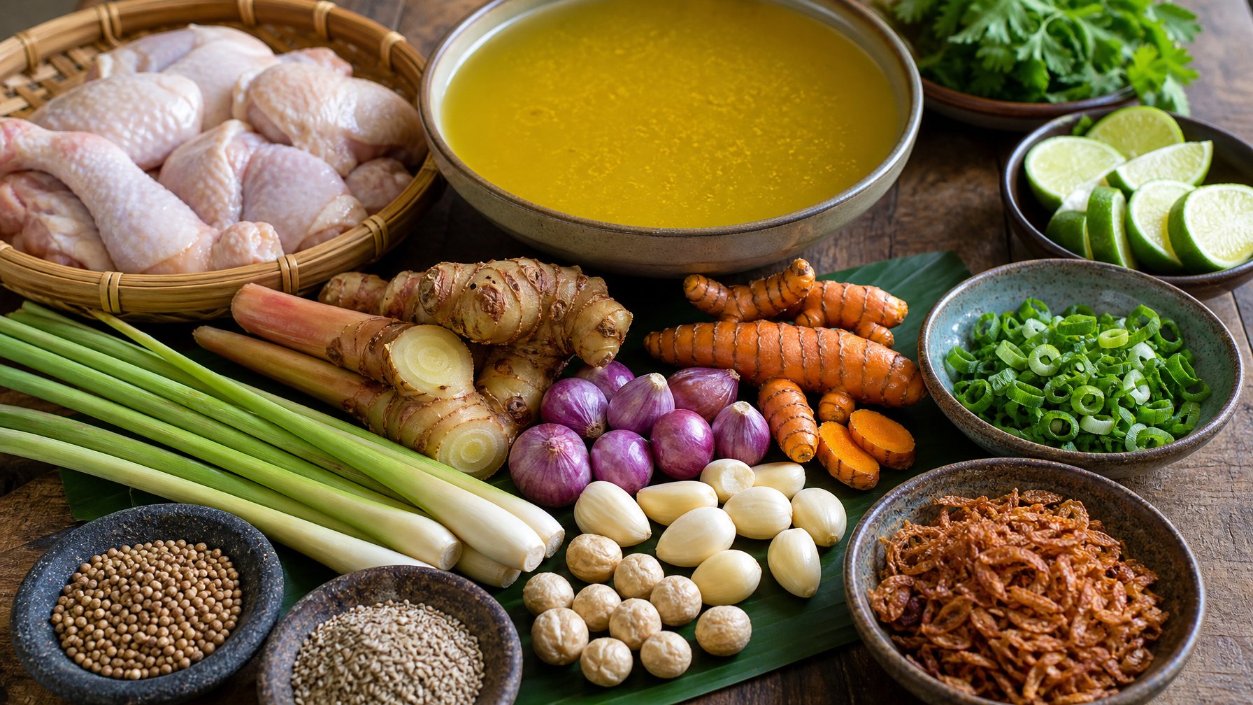 Beberapa bahan utama dan rempah segar untuk membuat Soto Ayam Kuah Kuning, termasuk kunyit, serai, daun jeruk, lengkuas, bawang merah, bawang putih, dan potongan ayam, tersusun rapi di atas meja kayu.