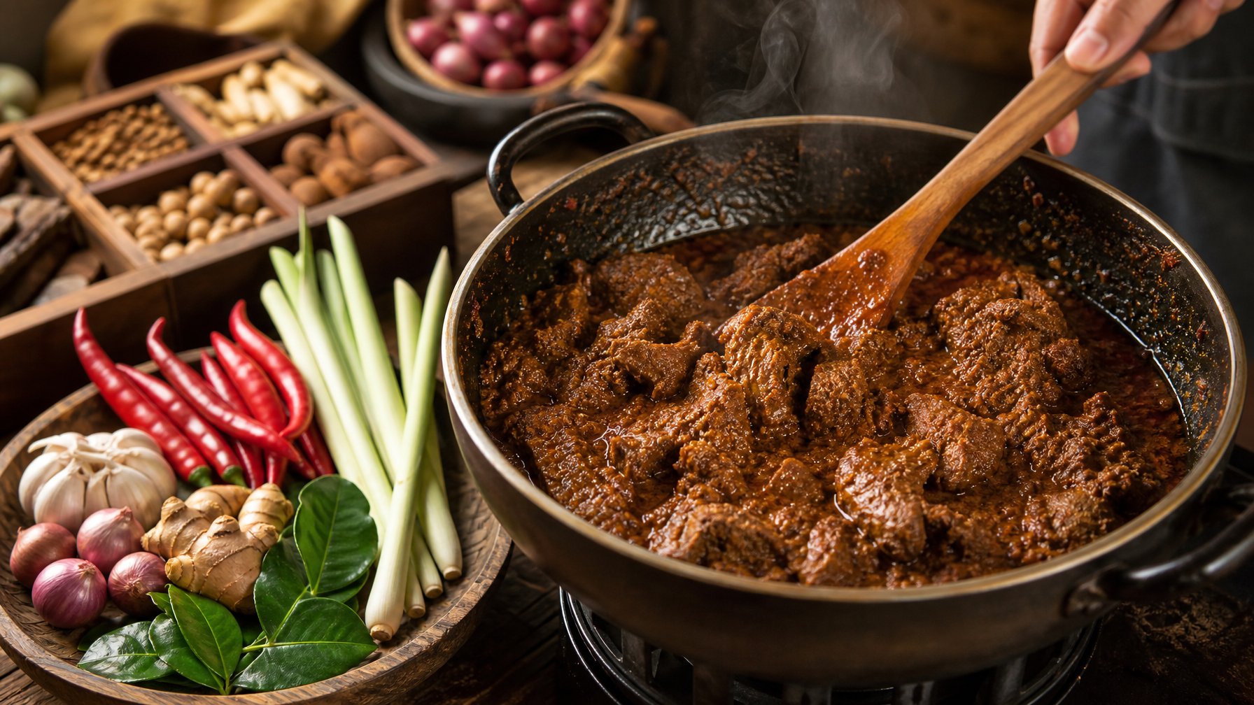 Seorang koki sedang memasak rendang daging sapi yang empuk dan berbumbu meresap di dapur tradisional dengan bahan-bahan segar di sekitar kompor.