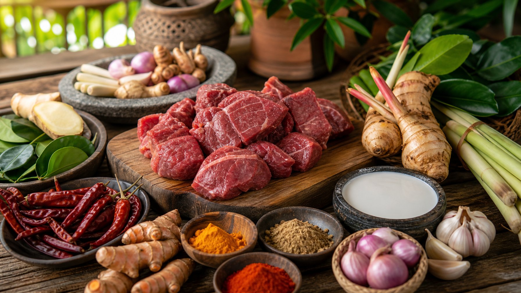 Beberapa potongan daging sapi segar dan berbagai bumbu seperti cabai merah, kunyit, lengkuas, serai, daun jeruk, bawang merah, bawang putih, dan santan dalam mangkuk di atas meja dapur.