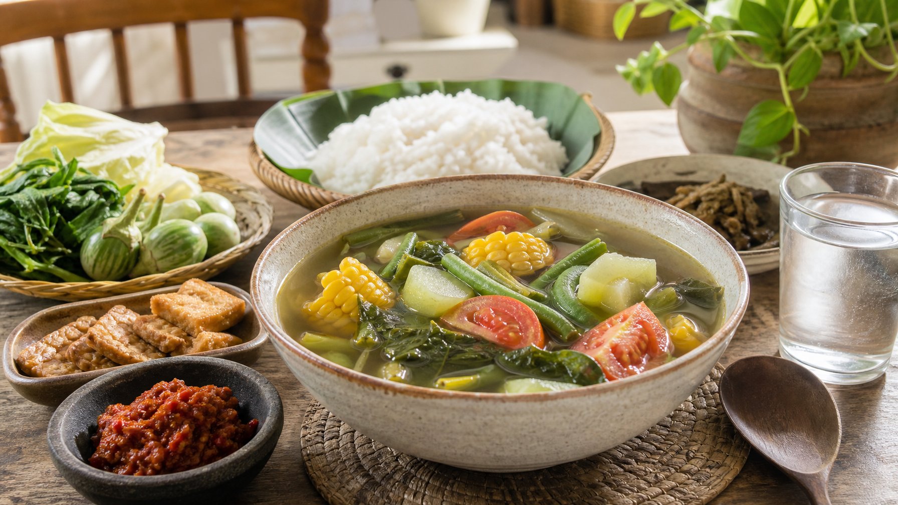Seporsi sayur asem Jawa Tengah yang segar dengan berbagai sayuran di mangkuk keramik di atas meja makan kayu, disertai nasi dan sambal, siap untuk makan siang keluarga.