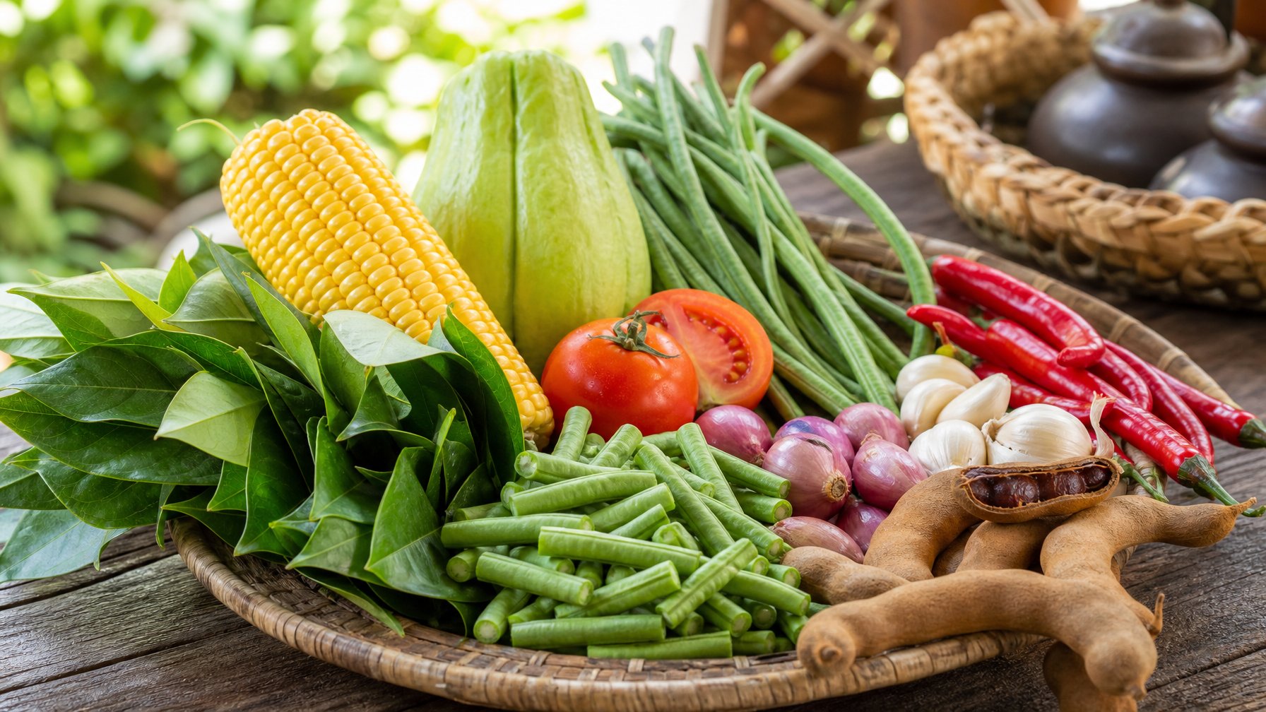 Berbagai bahan segar seperti jagung, kacang panjang, daun melinjo, labu siam, tomat, asam jawa, cabai merah, bawang merah, dan bawang putih yang tersusun rapi di atas meja kayu.
