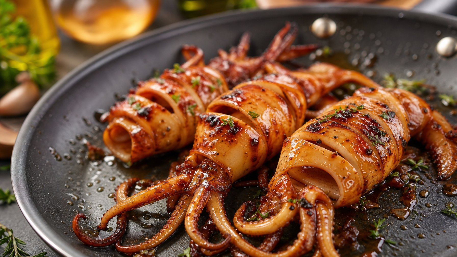 Sepotong cumi bakar madu yang matang dengan lapisan saus mengkilap di dalam wajan teflon hitam.