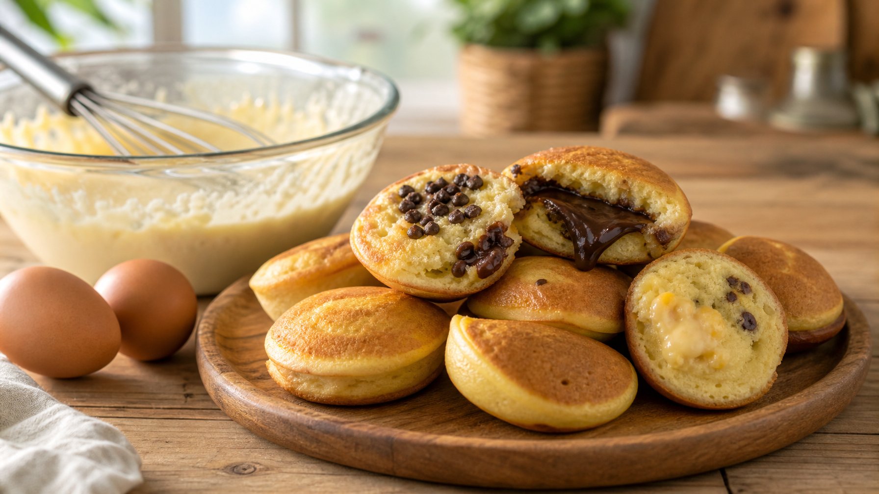 Kue Cubit lembut dan lumer di atas piring kayu dengan telur dan mangkuk adonan di meja dapur.