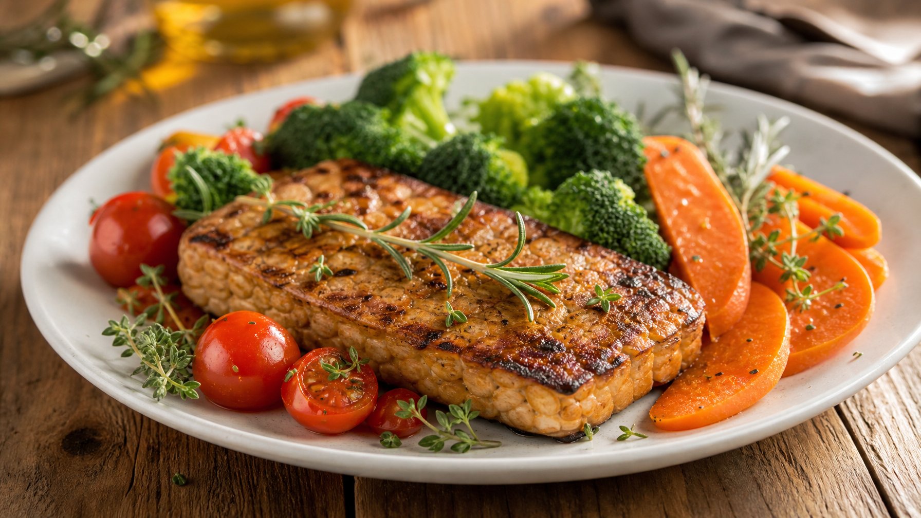 Sepiring steak tempeh yang matang dengan sayuran segar di atas meja kayu.