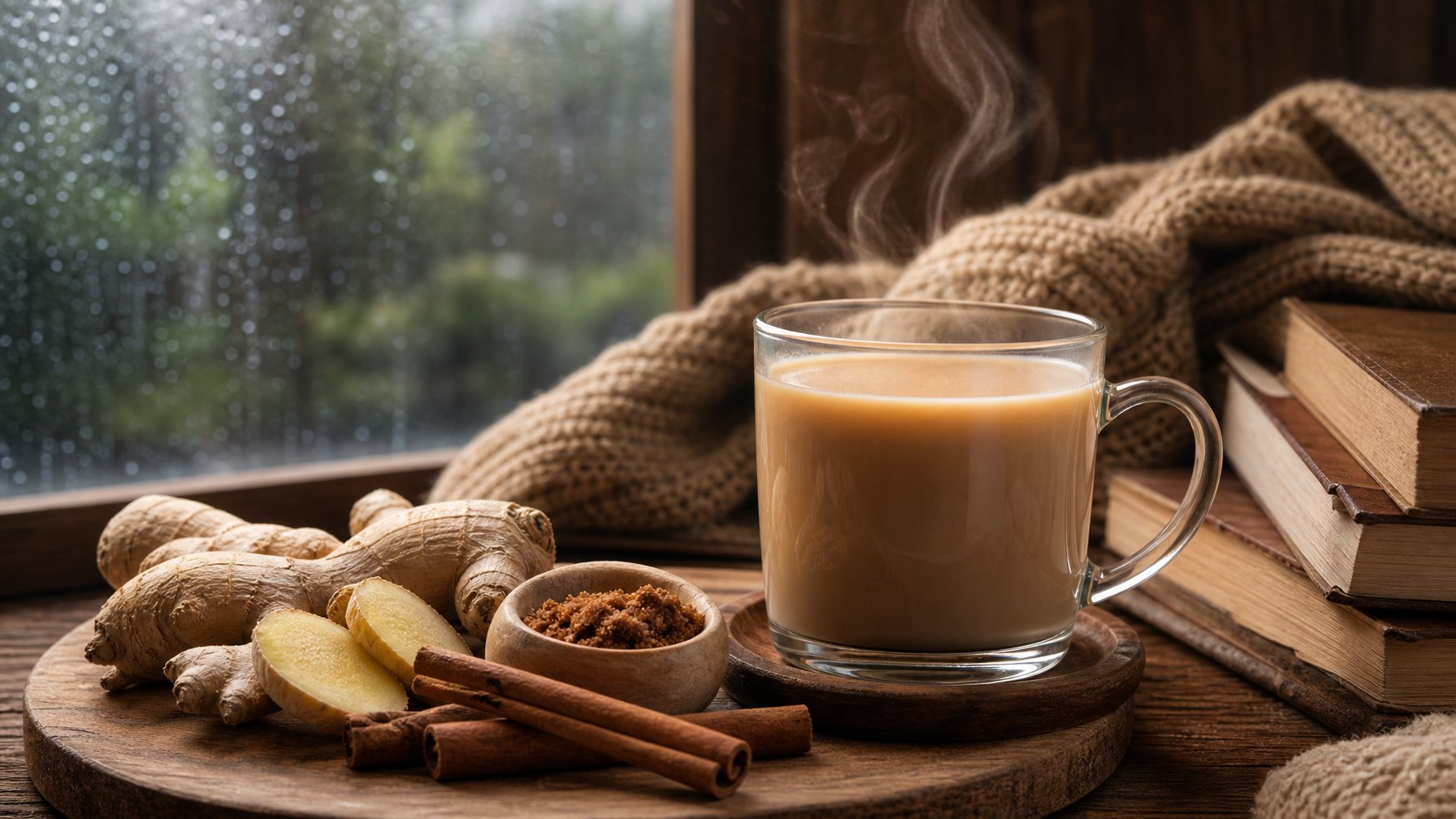 Secangkir wedang jahe susu panas dengan uap mengepul di atas meja kayu, dikelilingi jahe segar dan kayu manis, dengan latar belakang jendela hujan dan suasana hangat.