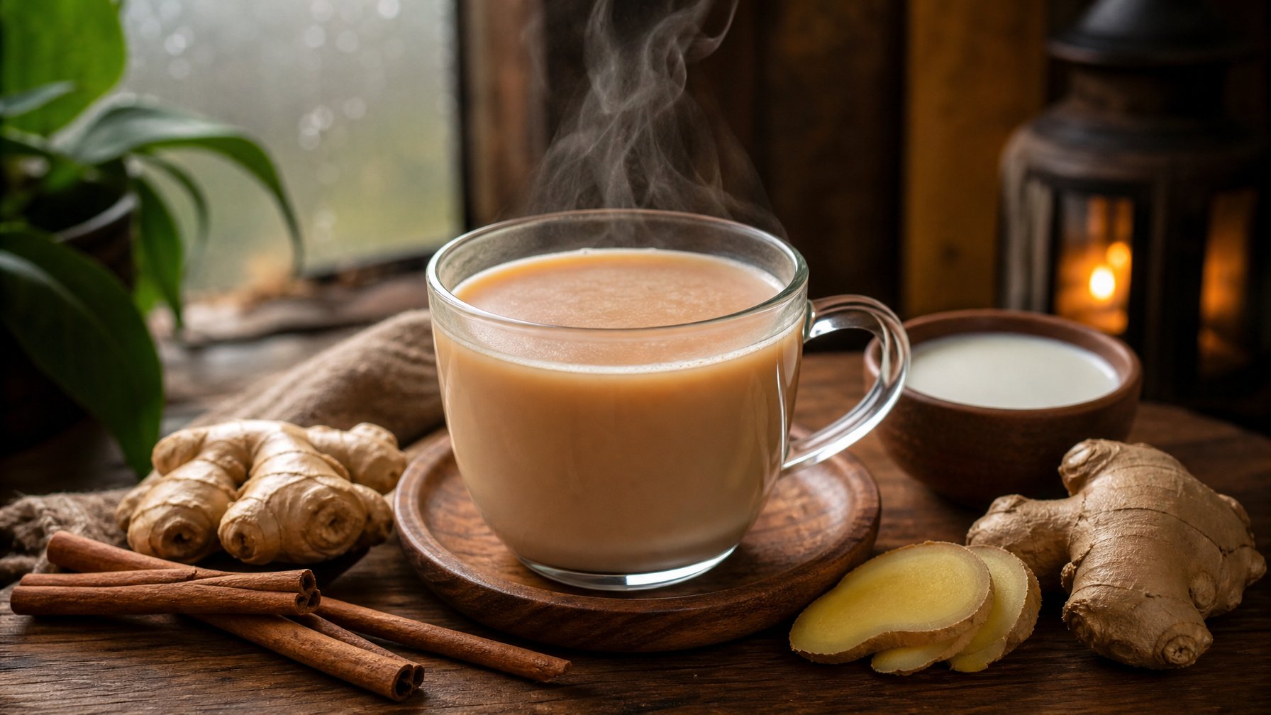 Secangkir wedang jahe susu yang mengepul diletakkan di atas meja kayu dengan jahe segar dan kayu manis di sekitarnya, suasana hangat di dalam ruangan saat musim hujan.