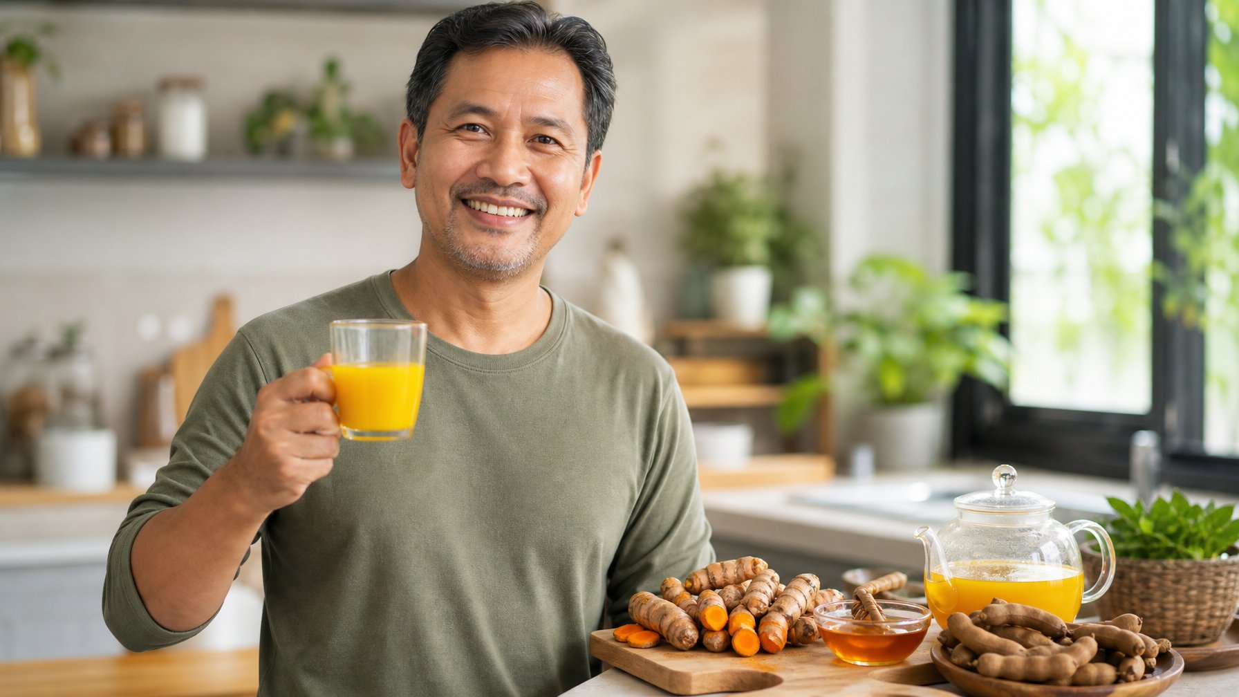 Seorang pria memegang gelas minuman jamu kunyit asam di dapur yang terang dengan bahan-bahan jamu di meja.