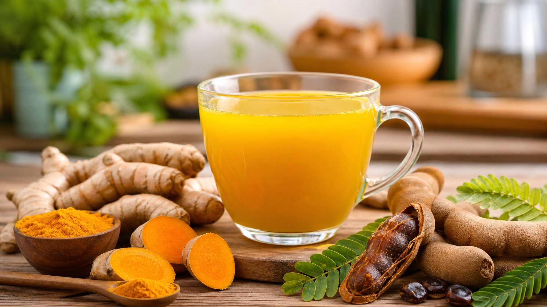 Segelas jamu kunyit asam dengan akar kunyit, bubuk kunyit, dan asam jawa segar di atas meja kayu, menunjukkan minuman tradisional untuk mendukung imunitas.