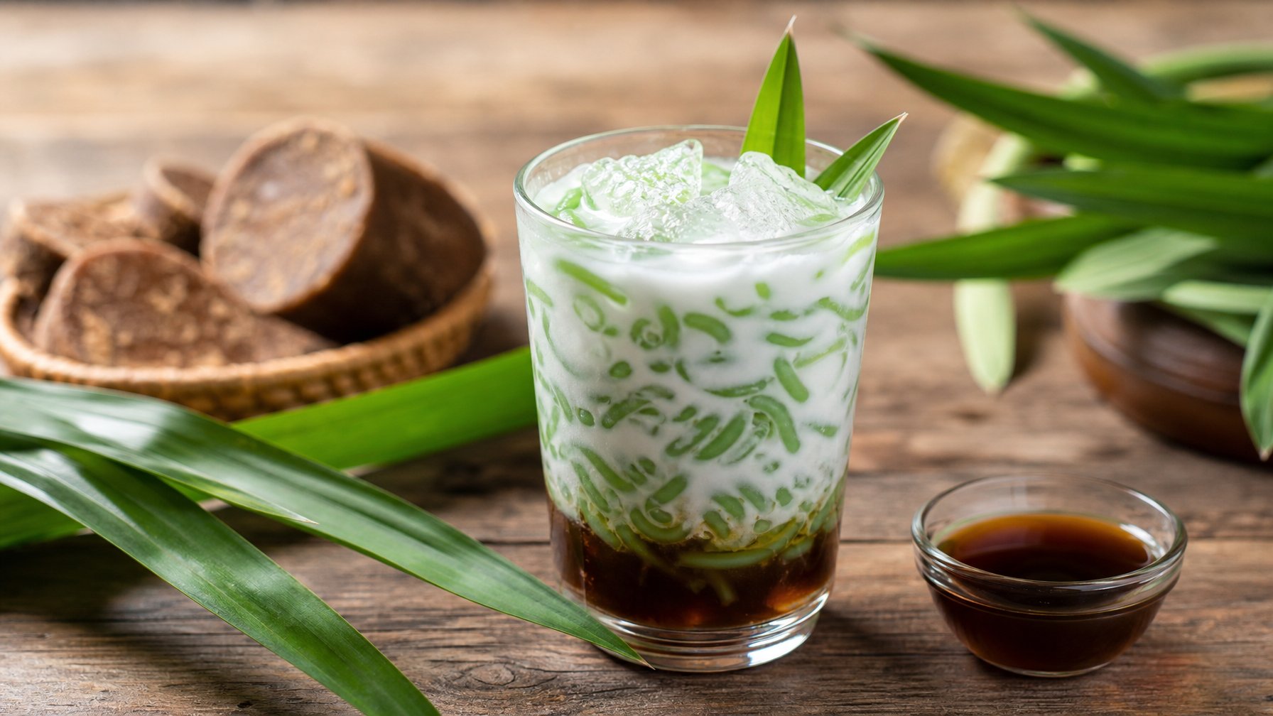 Segelas Es Dawet Ayu khas Banjarnegara dengan jelly hijau, santan, dan sirup gula merah di atas meja kayu, dikelilingi daun pandan dan mangkuk kecil sirup gula merah.