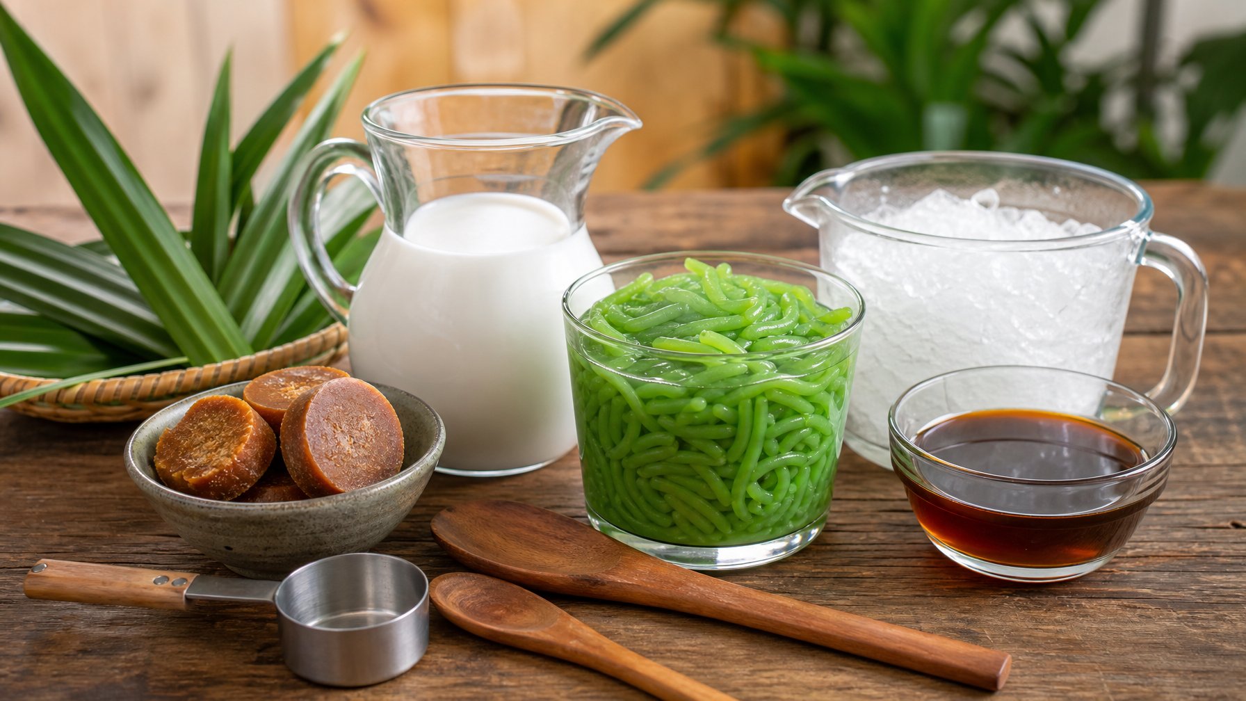 Meja kayu dengan bahan-bahan untuk membuat Es Dawet Ayu, termasuk daun pandan, santan, sirup gula merah, cendol hijau, dan es serut yang tersusun rapi.