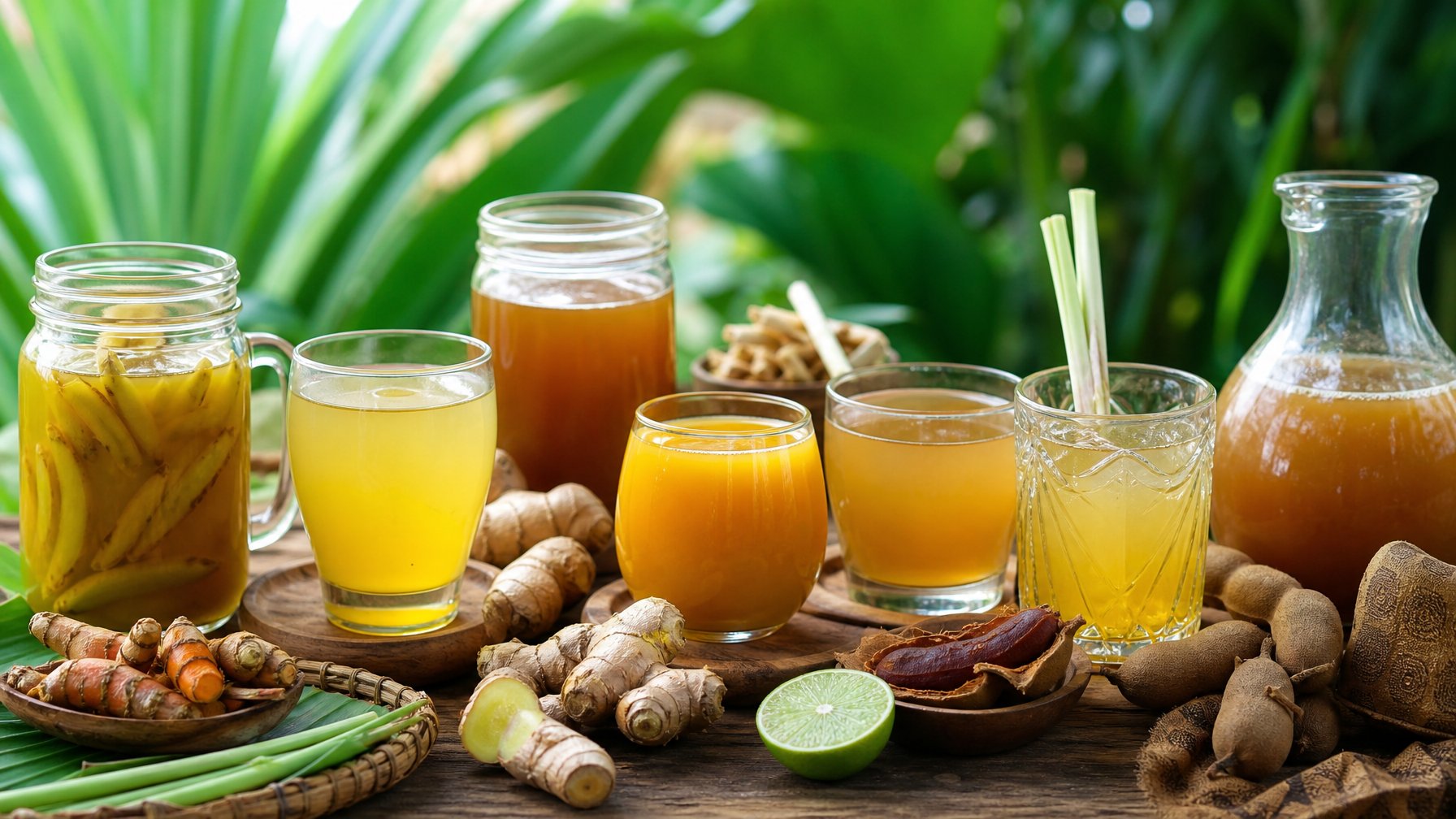 Berbagai minuman tradisional Indonesia untuk membantu pencernaan tersusun di atas meja kayu dengan bahan-bahan segar di sekitarnya.