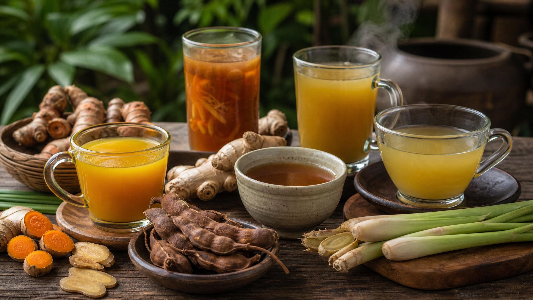 Berbagai minuman tradisional Indonesia dan bahan alami di atas meja kayu, menunjukkan minuman yang membantu pencernaan.