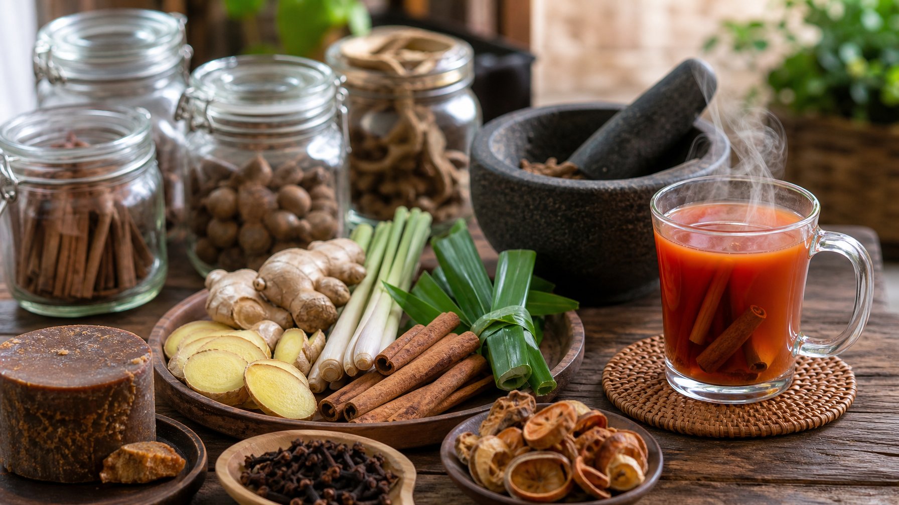 Meja dapur dengan berbagai rempah-rempah alami dan peralatan untuk membuat Bir Pletok Betawi asli.