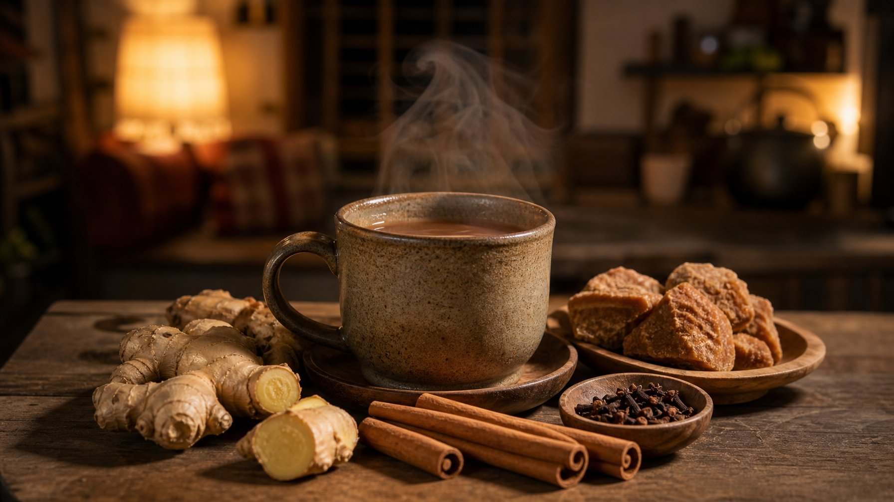 Secangkir minuman bandrek panas di atas meja kayu dengan bahan-bahan alami seperti jahe, kayu manis, gula merah, dan cengkeh di sekitarnya.