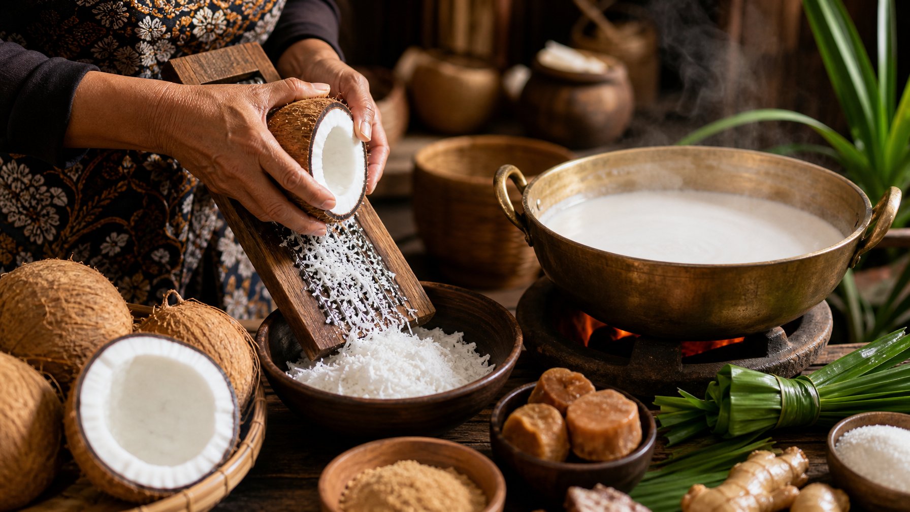Proses memilih dan mengolah santan kelapa segar dengan tangan yang sedang mengerok daging kelapa dan panci berisi santan kental di dapur tradisional.