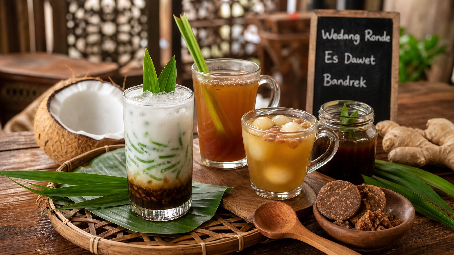 Berbagai minuman tradisional khas Jawa Tengah disajikan di atas meja kayu dengan hiasan daun pisang dan bahan-bahan alami seperti jahe dan gula merah.