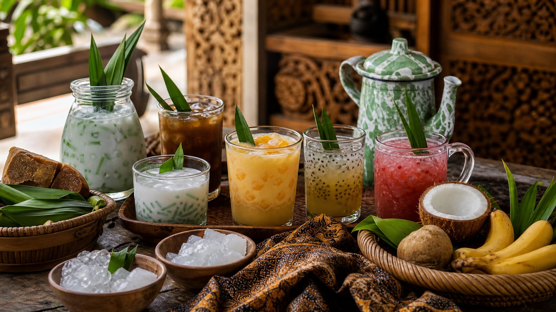 Berbagai minuman tradisional khas Jawa Tengah tersaji di atas meja kayu dengan latar belakang elemen budaya Jawa.