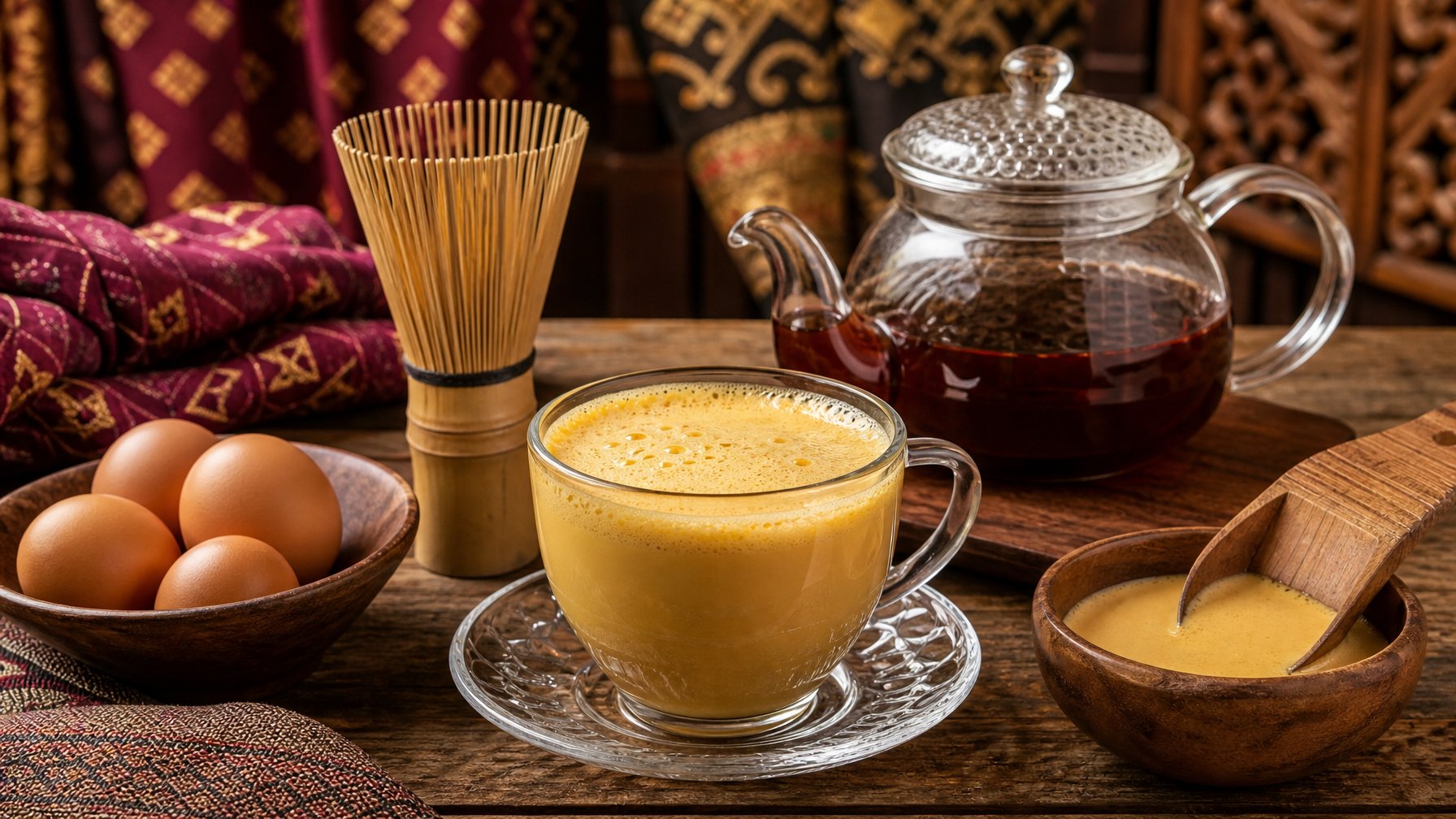 Sebuah cangkir Teh Talua panas di atas meja kayu dengan telur segar, alat pengaduk tradisional, dan teko teh di latar belakang.