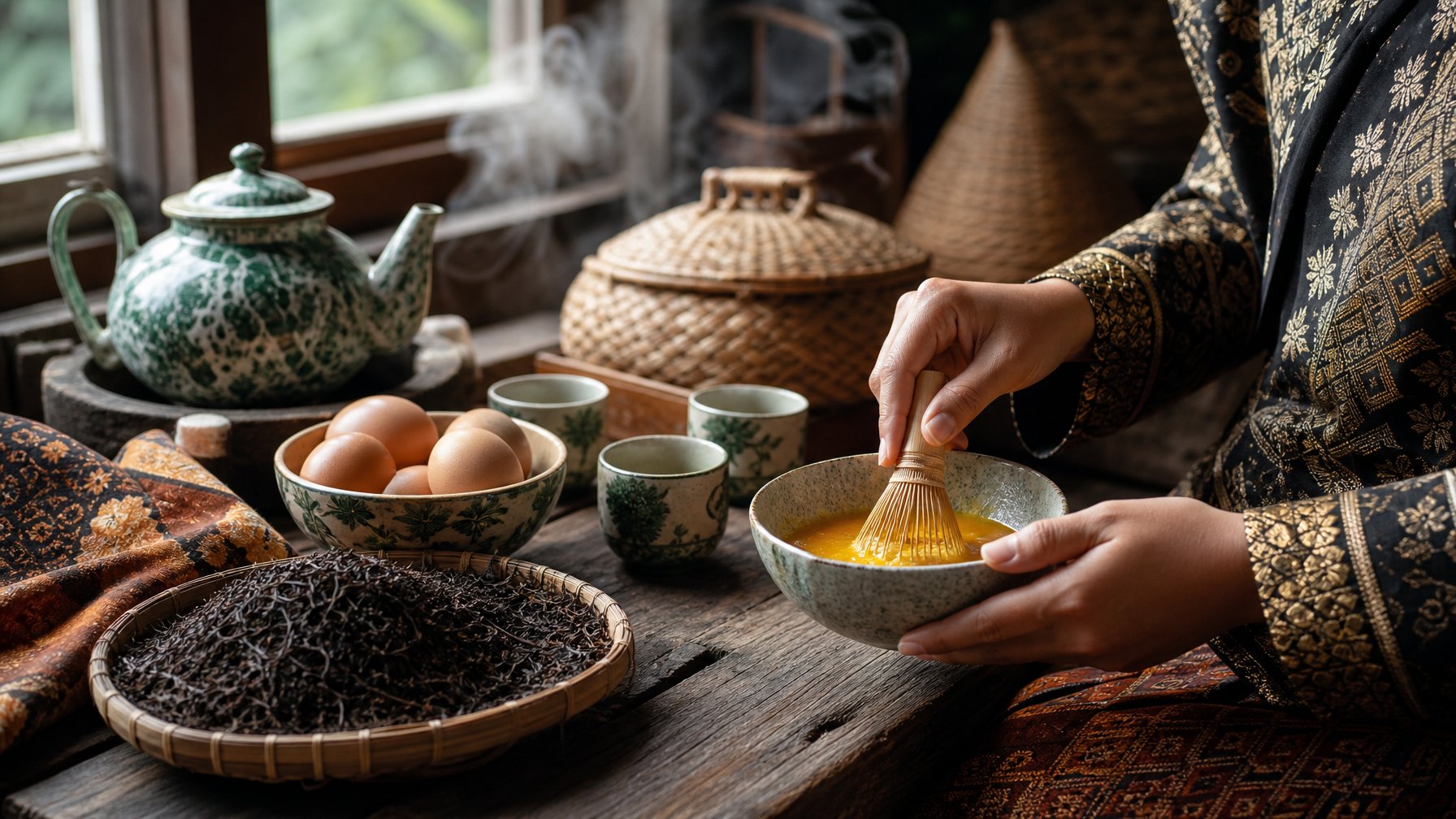 Proses tradisional menyeduh Teh Talua dengan bahan-bahan segar di atas meja kayu.