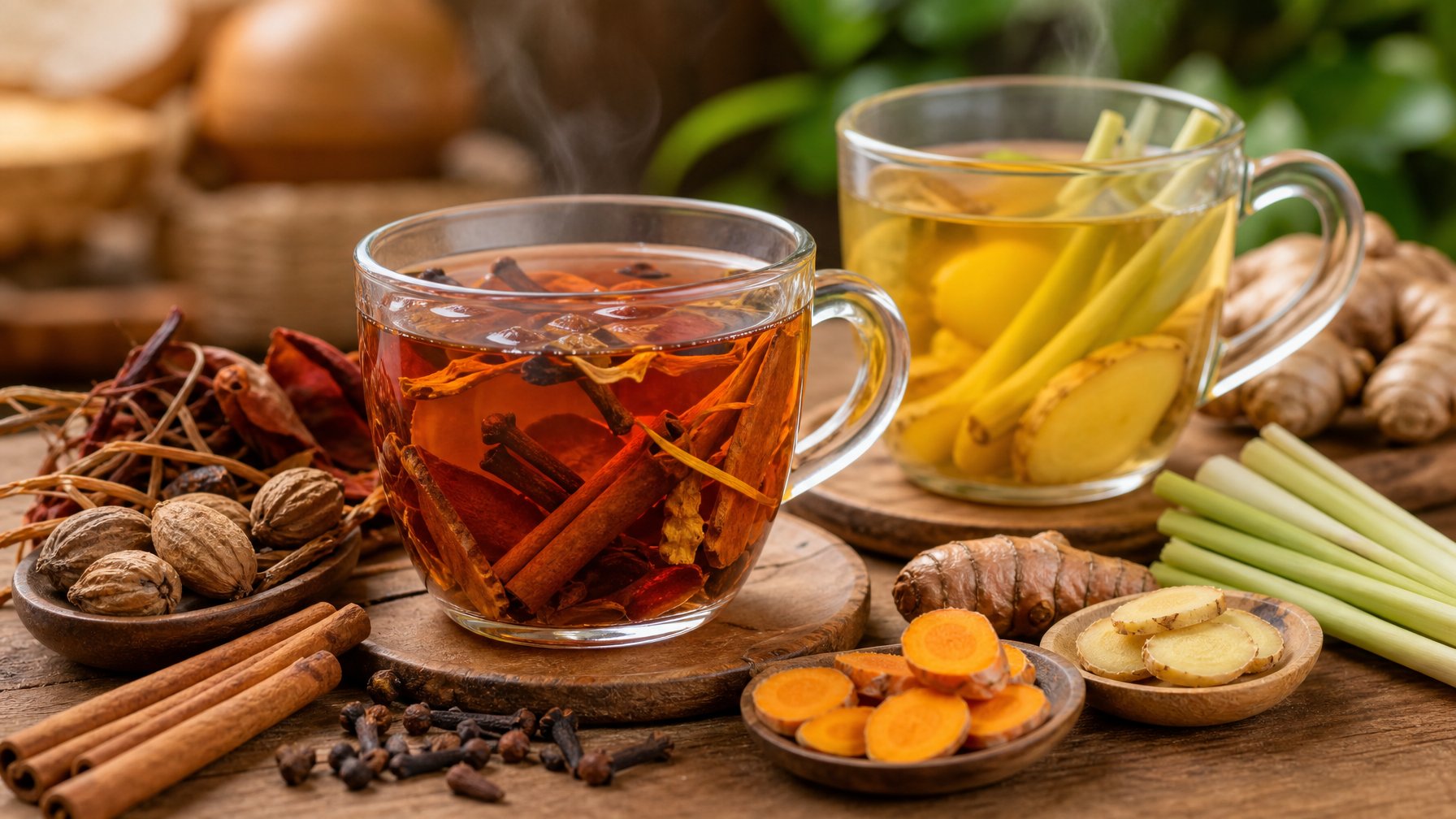 Dua gelas minuman rempah berbeda di atas meja kayu dengan rempah-rempah segar dan kering di sekitarnya.