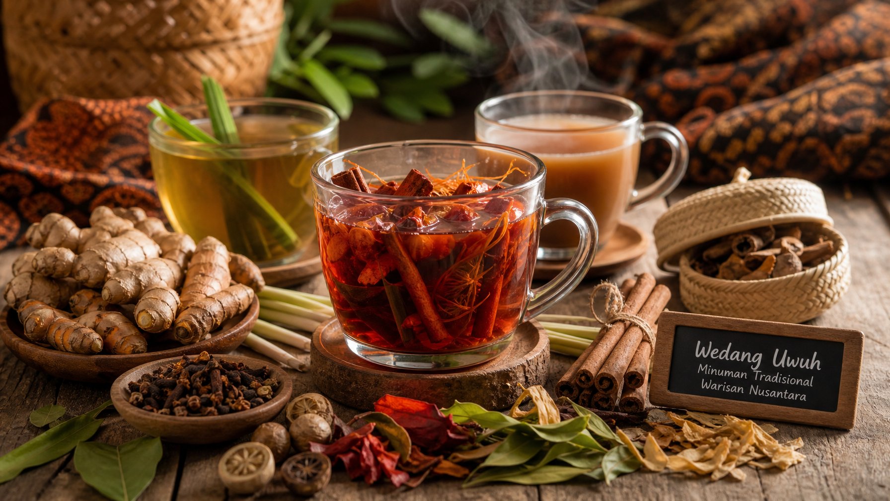 Meja kayu dengan gelas berisi minuman rempah yang mengepul, dikelilingi oleh rempah-rempah segar seperti kayu manis, cengkeh, dan jahe.
