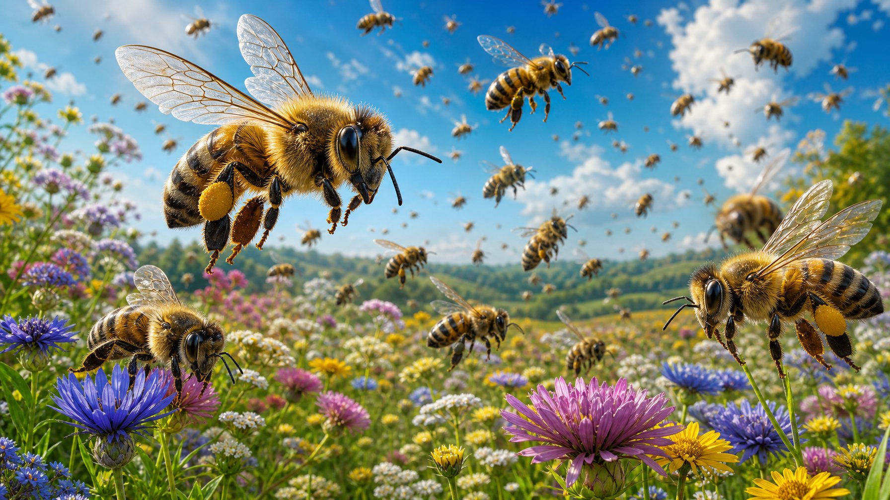 A Swarm Of Bees Flying Over A Colorful Meadow Filled With Wildflowers Under A Bright Blue Sky.