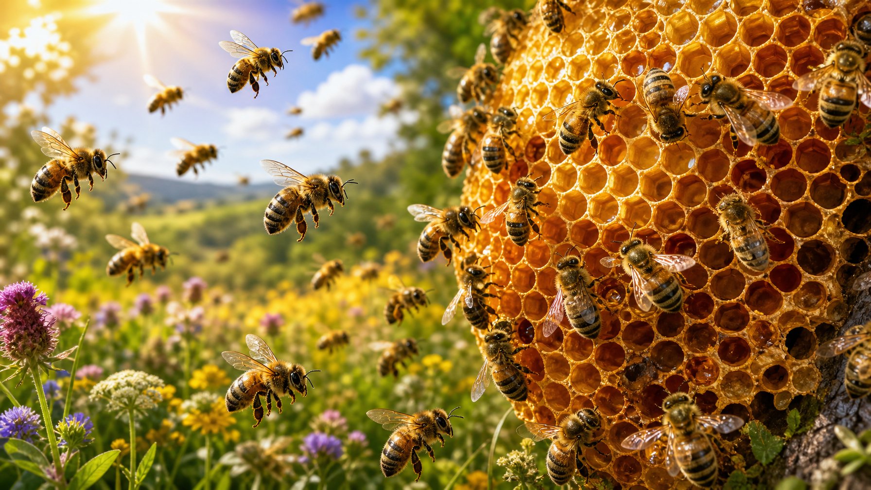 A Swarm Of Bees Flying Around A Large Honeycomb In A Sunlit Meadow With Wildflowers.