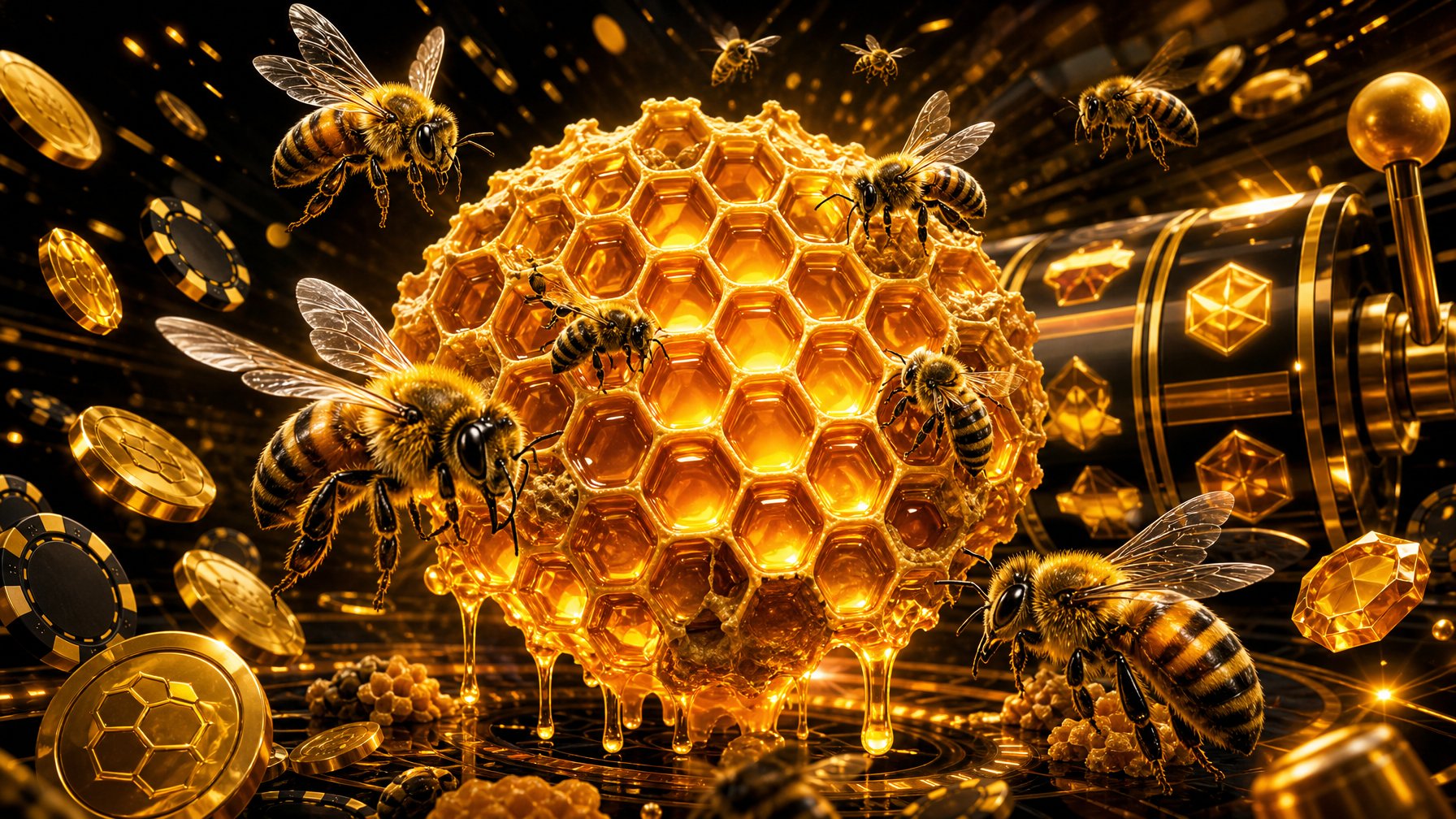 A Swarm Of Bees Buzzing Around A Large Honeycomb With Glowing Honey, Surrounded By Abstract Symbols Of Betting And Slot Gaming.