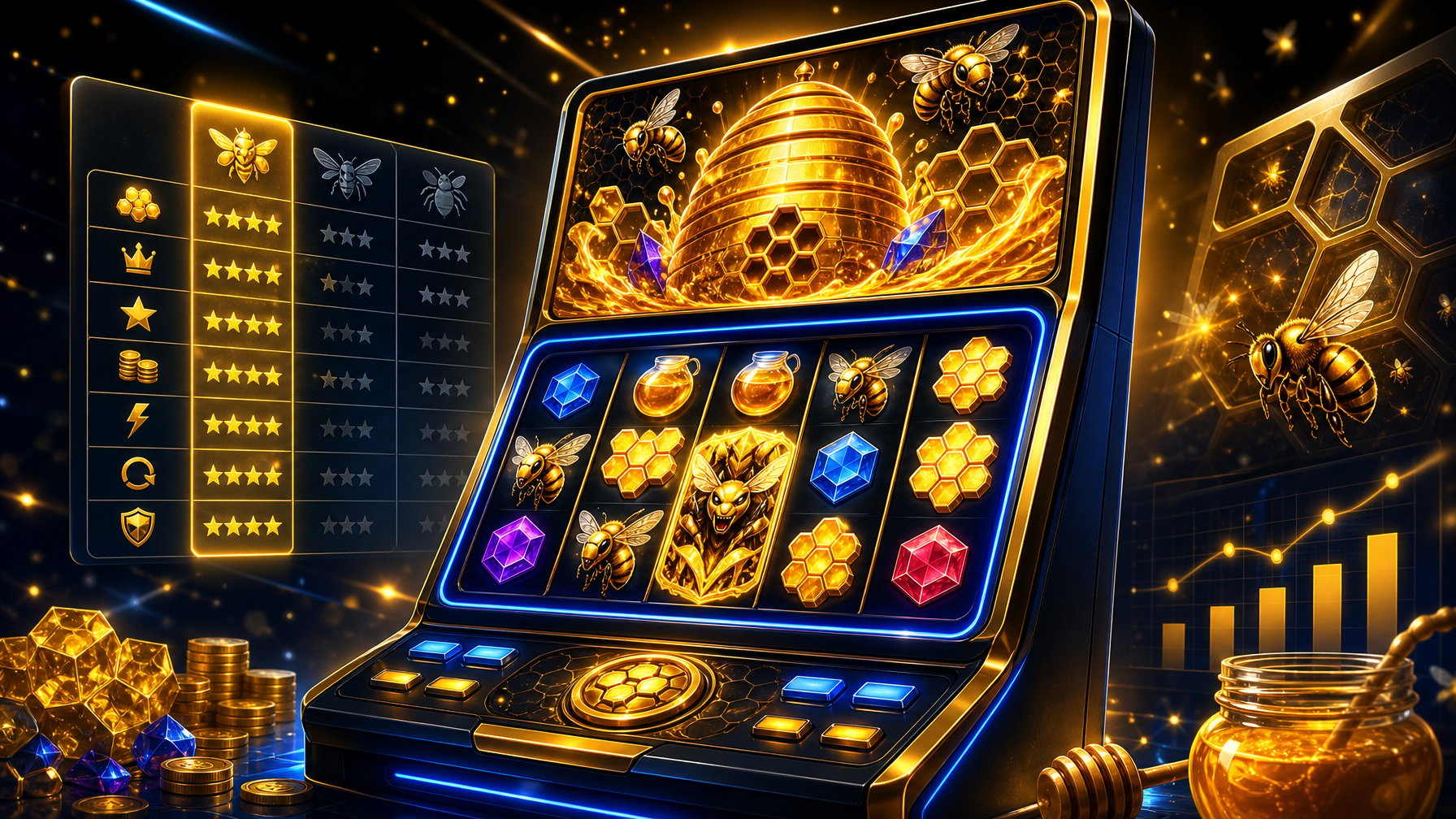 A Casino Slot Machine With Glowing Reels Displaying Bee And Honeycomb Symbols, Surrounded By Dynamic Lights And Subtle Comparison Visuals.