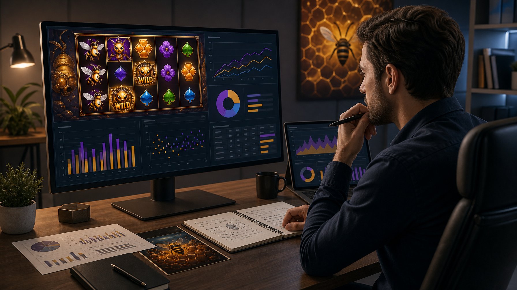 An Analyst Sitting At A Desk Reviewing Slot Game Symbols And Charts On A Computer Screen In A Modern Workspace.