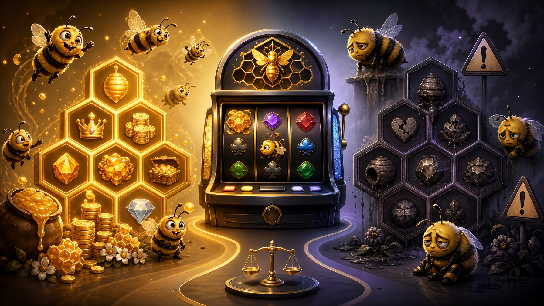 An Illustration Showing Two Sides: One With Bright Honeycombs And Happy Bees Representing Advantages, The Other With Darker Honeycombs And Tired Bees Representing Disadvantages, With A Slot Machine In The Center Connecting Both Sides.