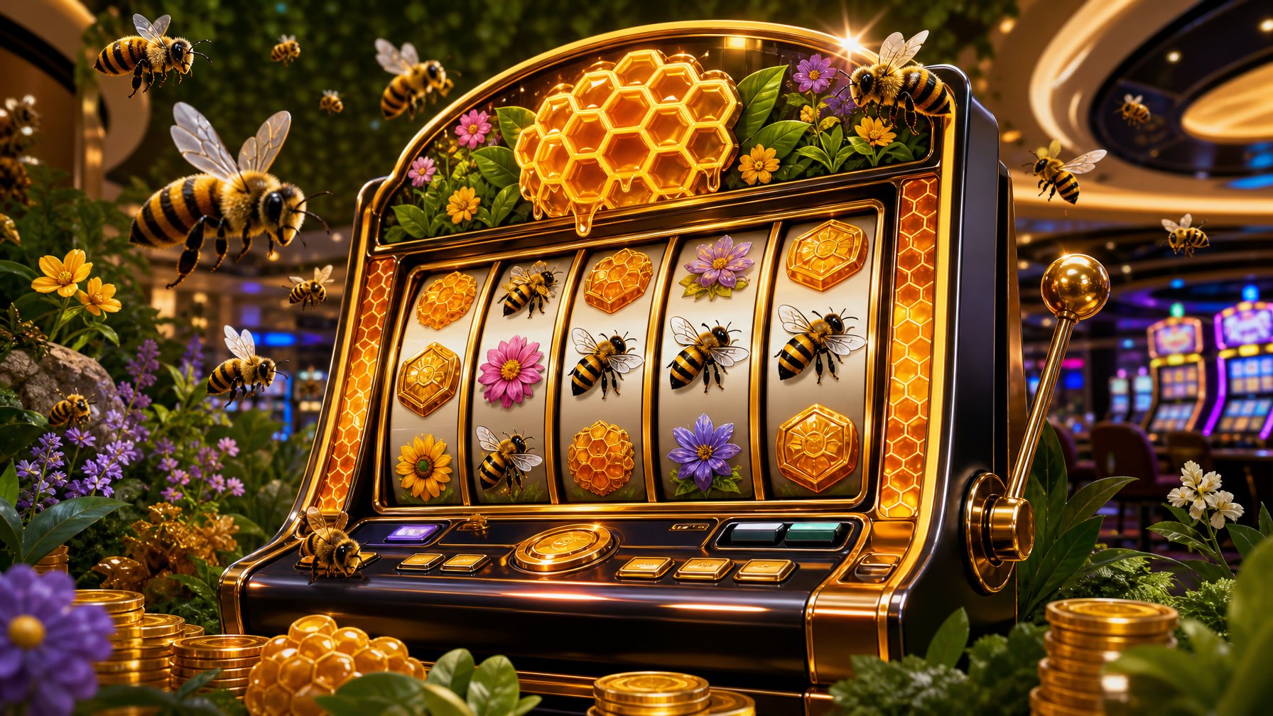 A Slot Machine Surrounded By Flying Bees And Honeycomb Symbols In A Vibrant Natural And Casino Setting.