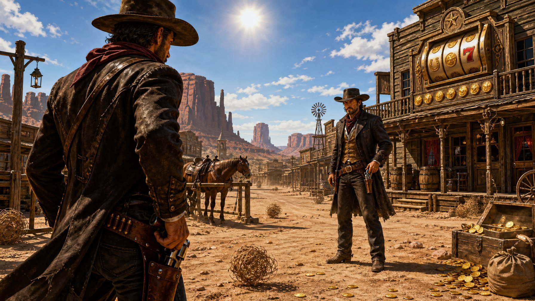 Two Cowboys Face Each Other In A Dusty Wild West Town Street, Preparing For A Duel At High Noon.