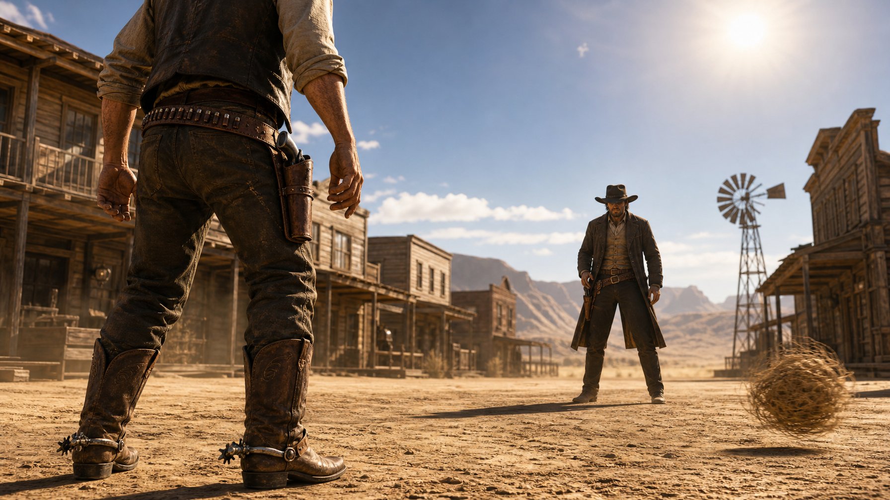 Two Cowboys Facing Each Other In A Dusty Wild West Town Street, Ready For A Duel At High Noon.