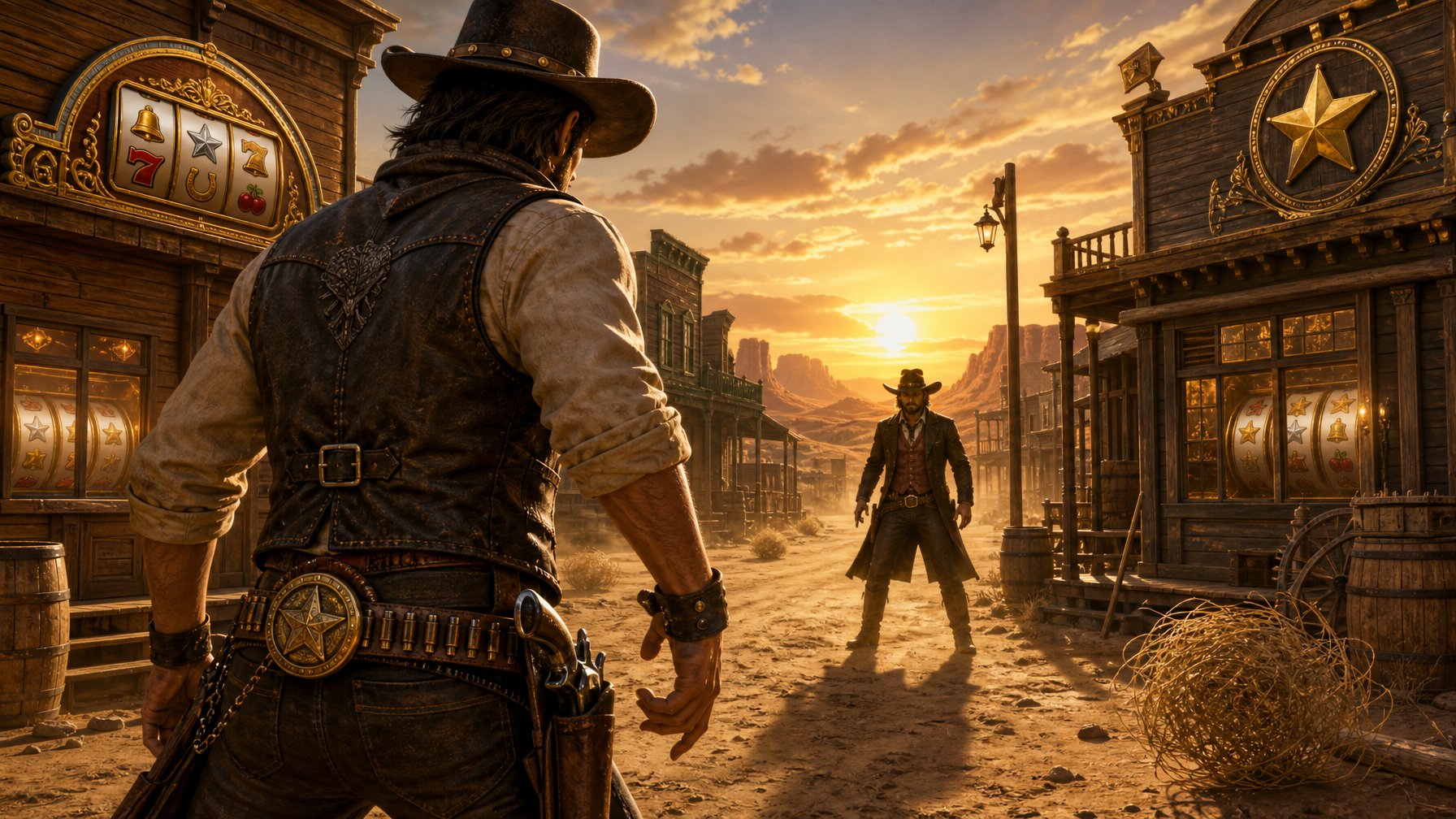 Two Cowboys Face Each Other In A Dusty Wild West Town Street, Ready To Draw Their Pistols In A Duel At Sunset.