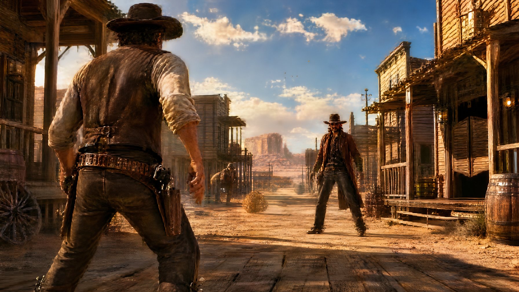 Two Cowboys Facing Each Other In A Dusty Wild West Town Street, Ready To Duel With Revolvers.