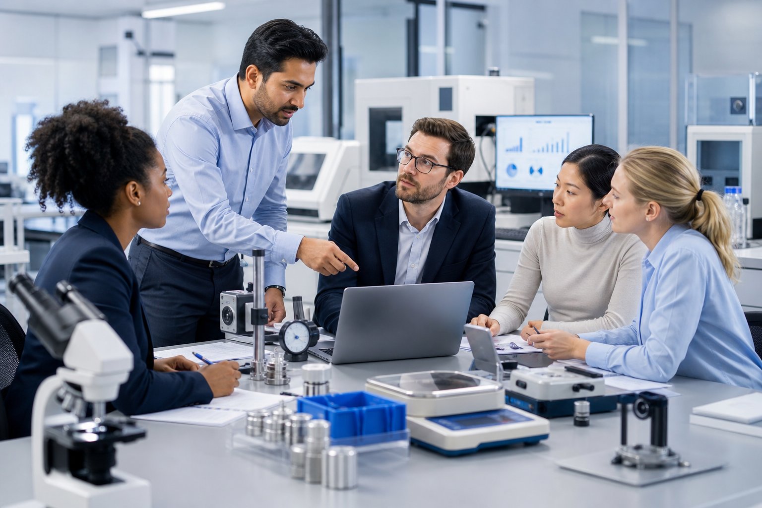 A group of laboratory professionals discussing testing procedures around a table with scientific equipment and laptops in a clean and organized lab discussing this ISO 17025 Section 7.11 Overview.