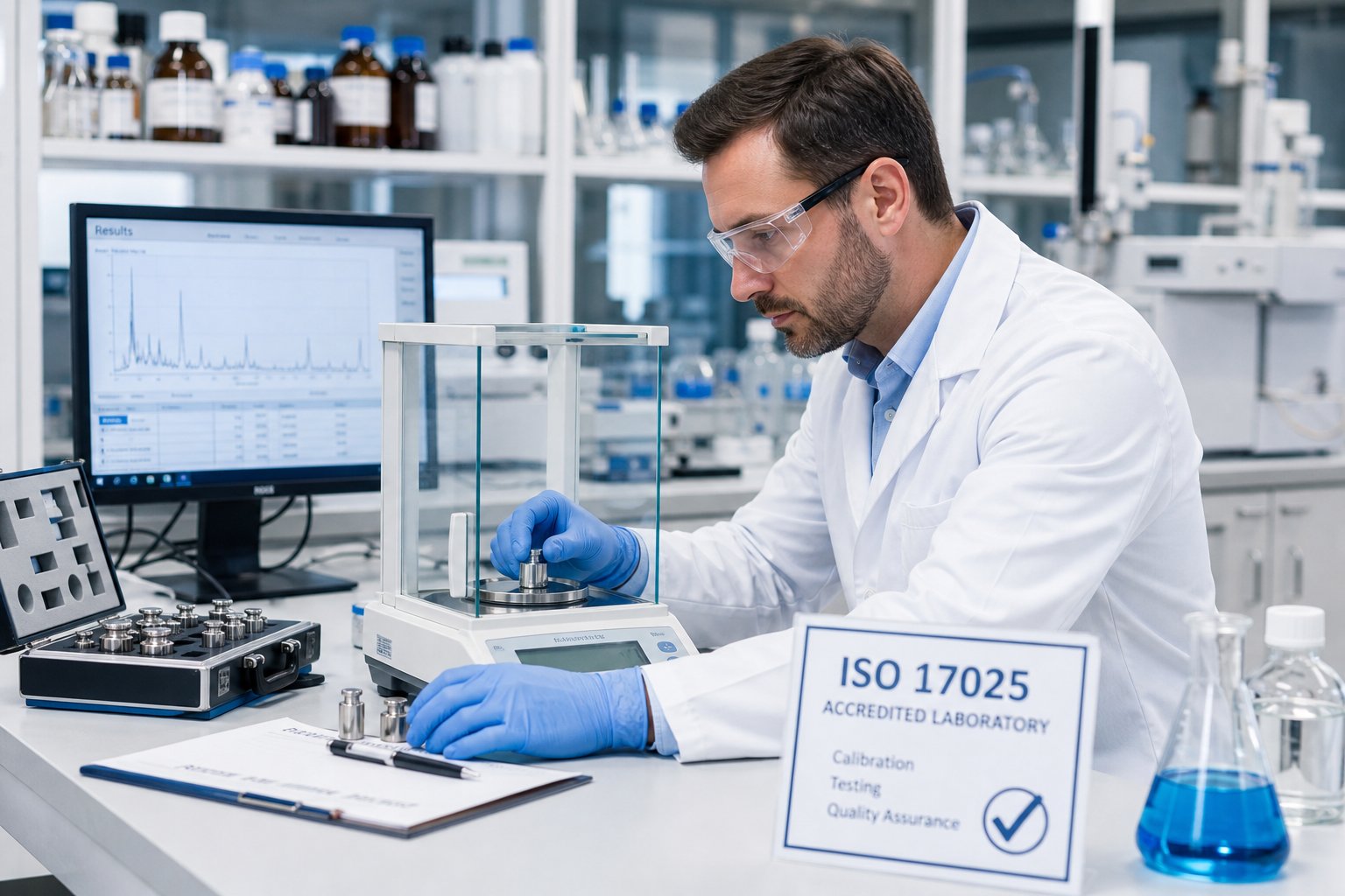 A scientist in a lab coat working with calibration equipment in a modern laboratory surrounded by scientific instruments and data displays, ISO 17025 Section 7.11 Overview.