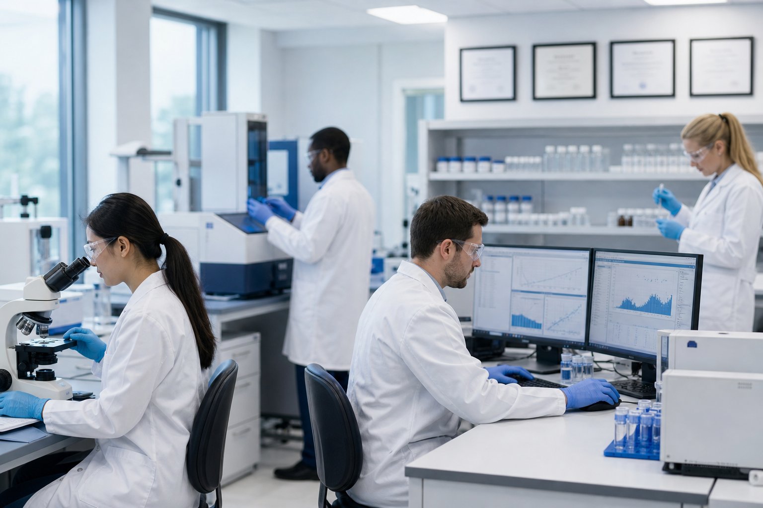 Laboratory technicians in lab coats working with scientific equipment and computers in a clean and organized laboratory setting, ISO 17025 Section 7.11 Overview