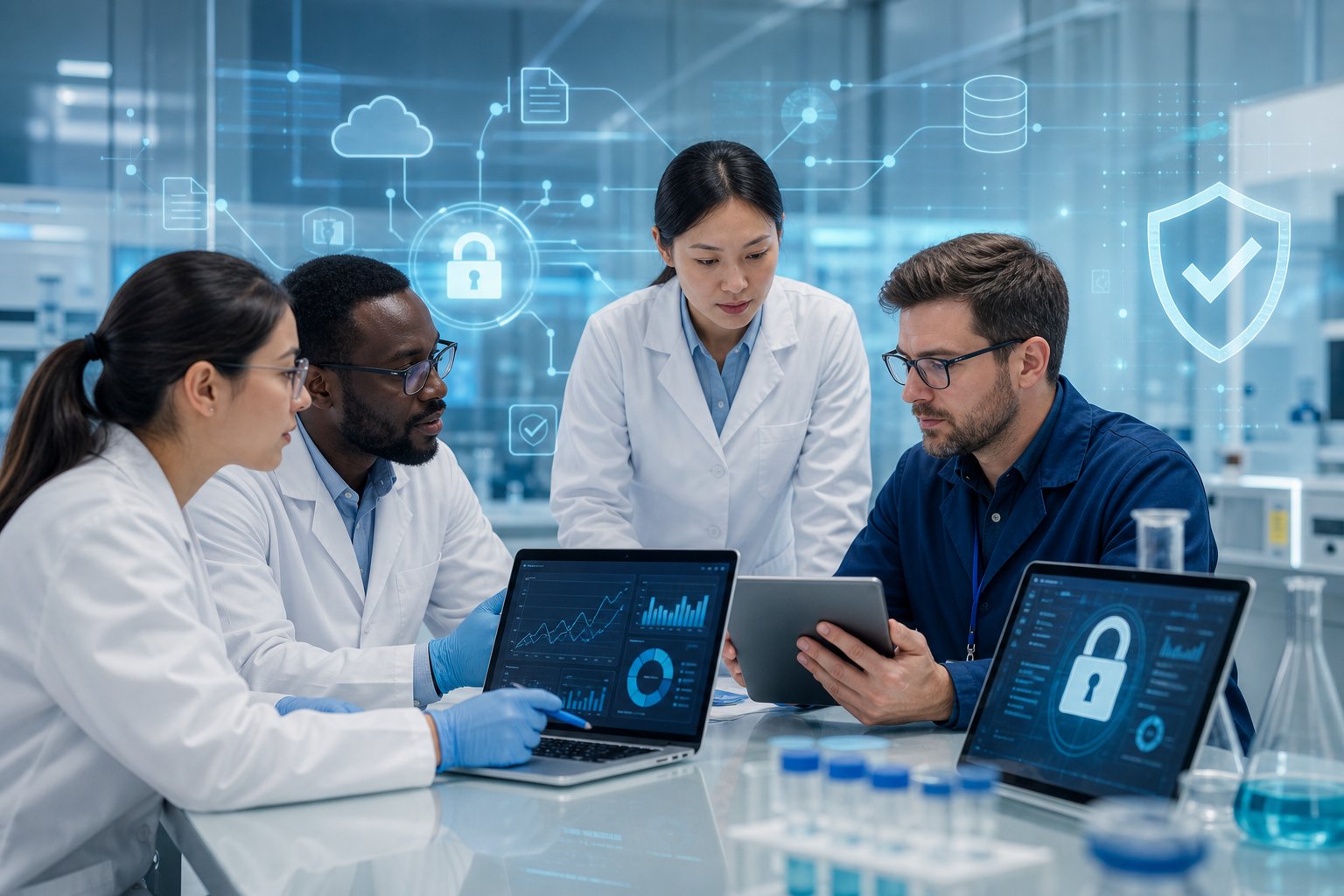 A group of professionals working with digital devices displaying data charts and security icons in a modern office environment, ISO 17025 Section 7.11 Overview