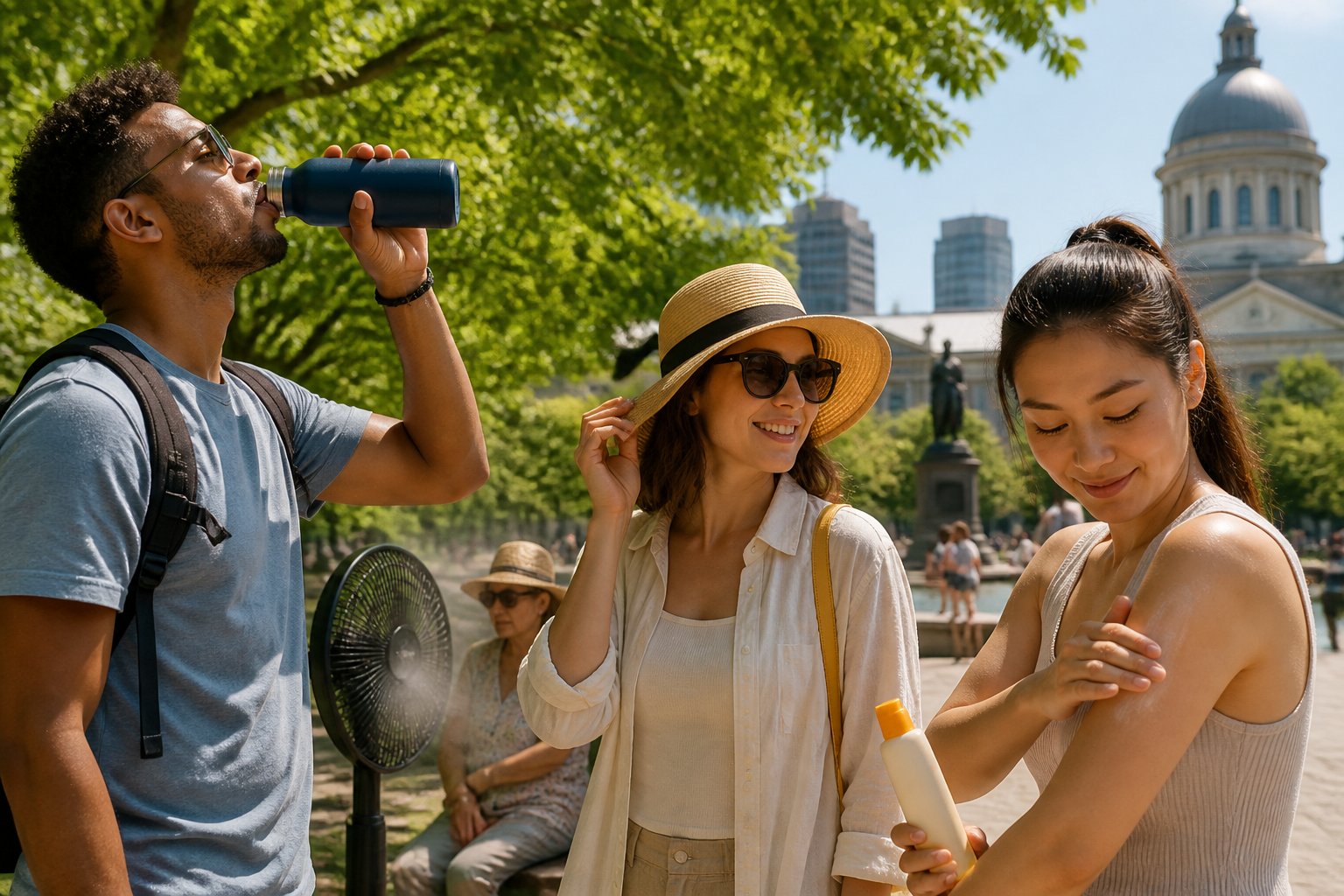 People outdoors in Montreal on a sunny summer day taking precautions against heat, such as drinking water, wearing hats and sunglasses, and resting in the shade.