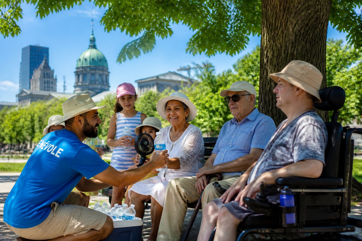 A group of elderly people, children, and a person with a disability resting in the shade of a tree in a Montreal park on a sunny summer day, with a caregiver offering water.