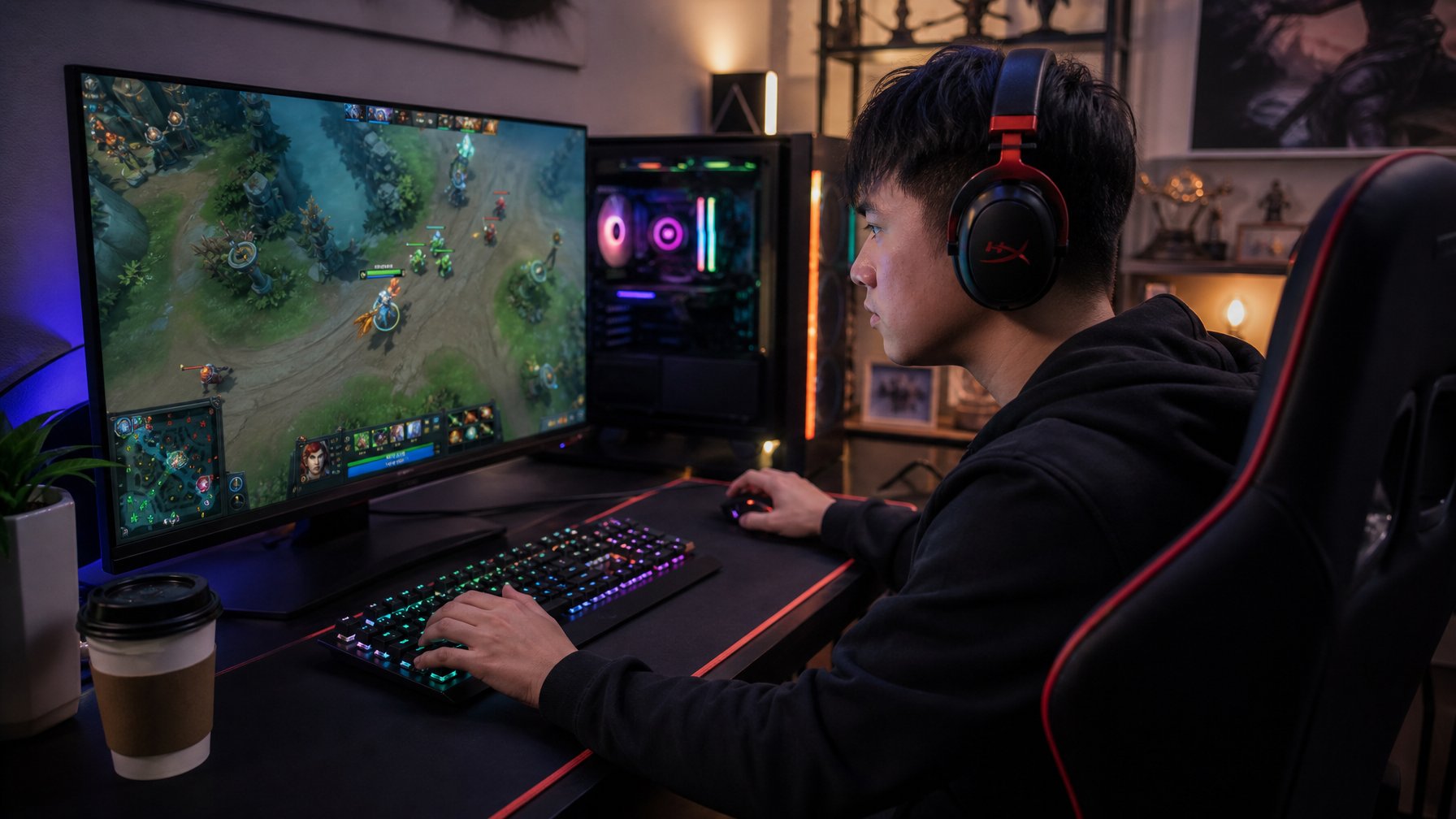 Seorang pemain fokus bermain Dota 2 di depan komputer dengan tampilan permainan yang menunjukkan elemen awal seperti gold dan XP.