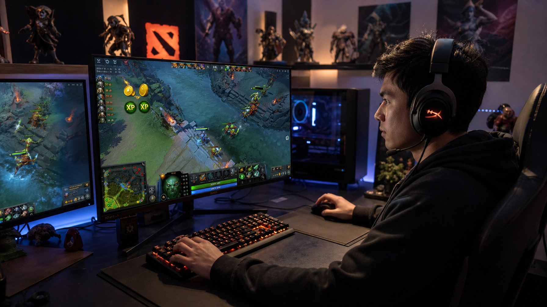 Seorang pemain game fokus di depan komputer dengan layar yang menampilkan antarmuka permainan Dota 2 dan ikon emas serta poin pengalaman.