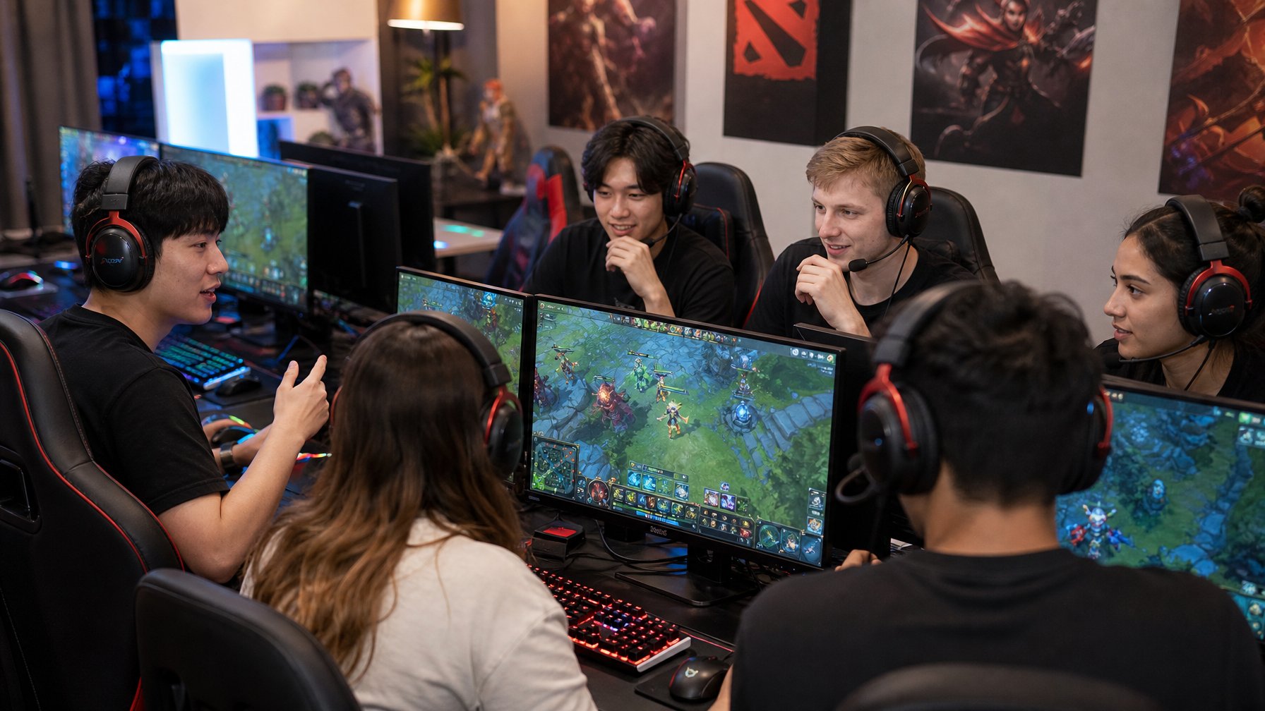Sekelompok orang muda sedang bermain Dota 2 bersama sambil berkomunikasi menggunakan headset dalam ruangan gaming yang modern.