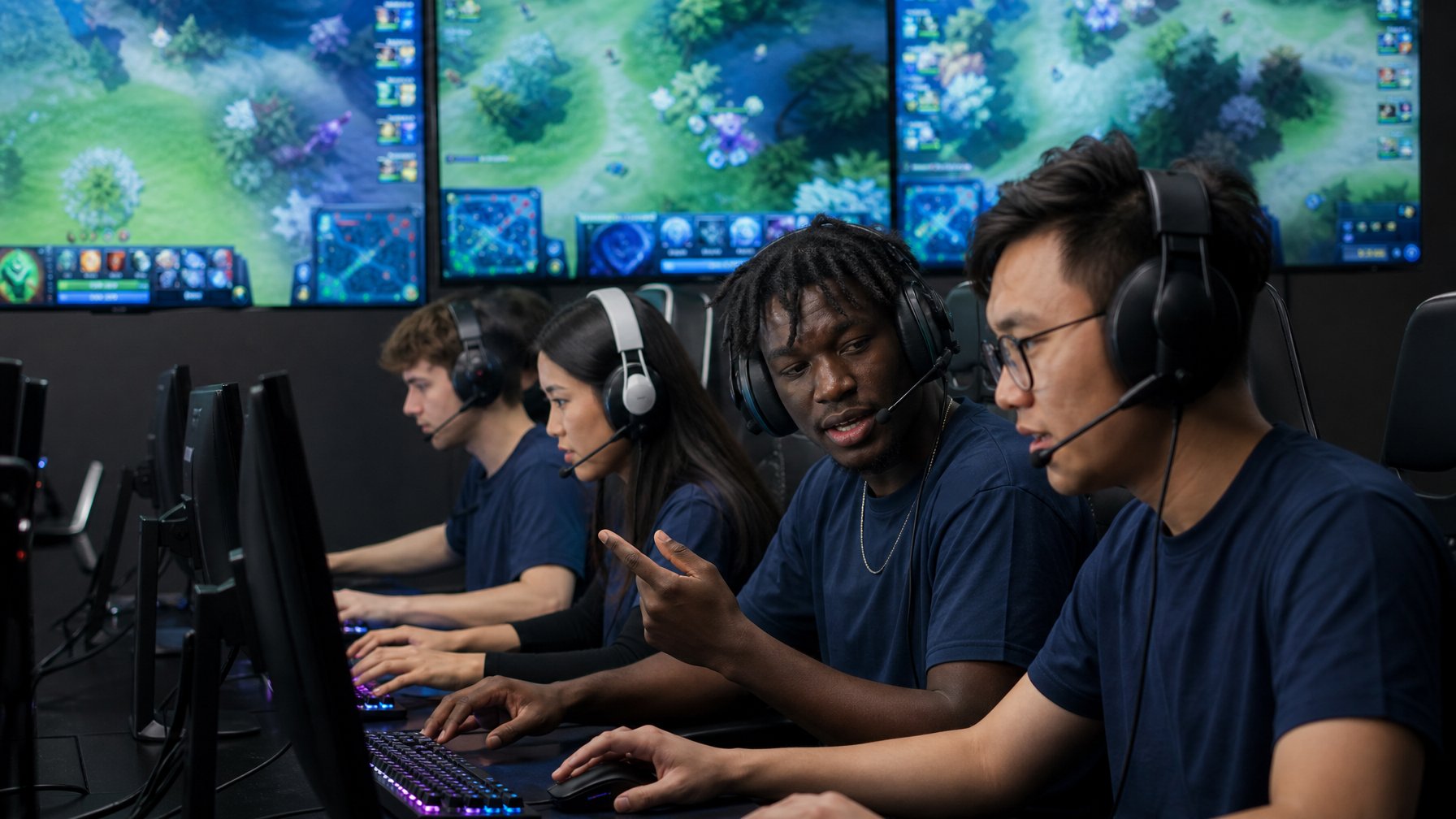 Sekelompok pemain esports sedang bermain Dota 2 bersama di sebuah ruangan gaming dengan headset dan komputer, fokus berkomunikasi dan berkoordinasi.
