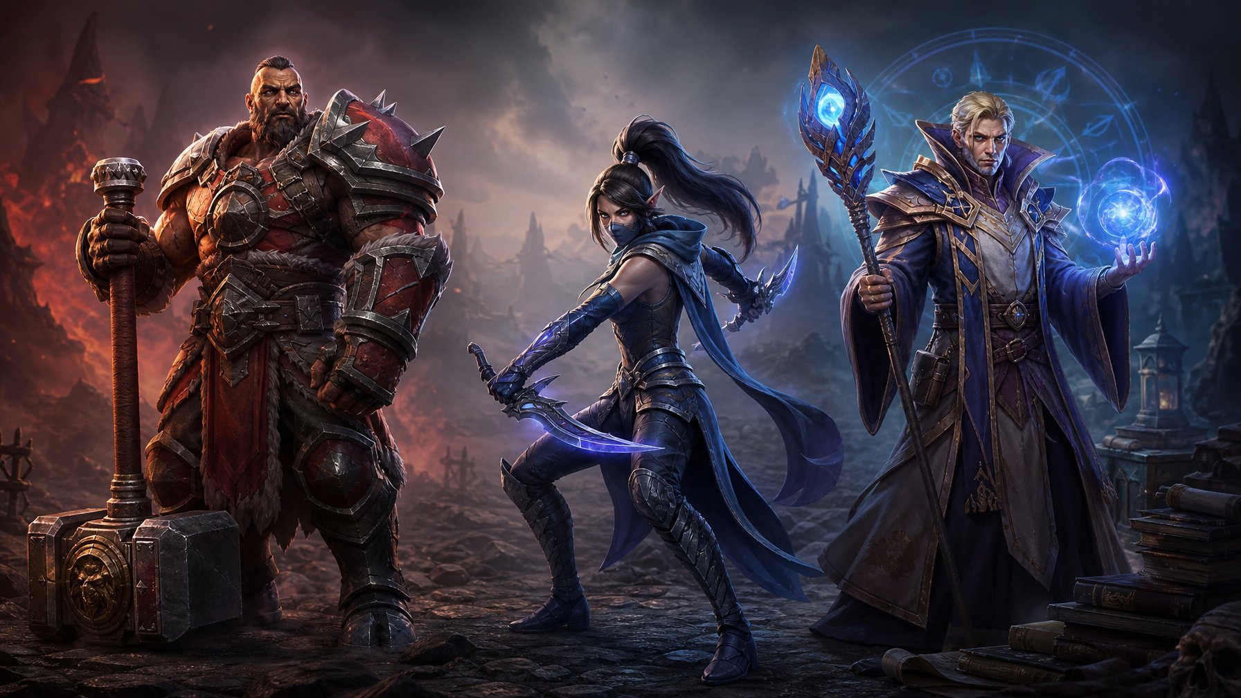 Tiga karakter yang mewakili tipe hero Dota 2: satu berotot dengan senjata besar, satu gesit dengan senjata ringan, dan satu memakai jubah dengan tongkat sihir.